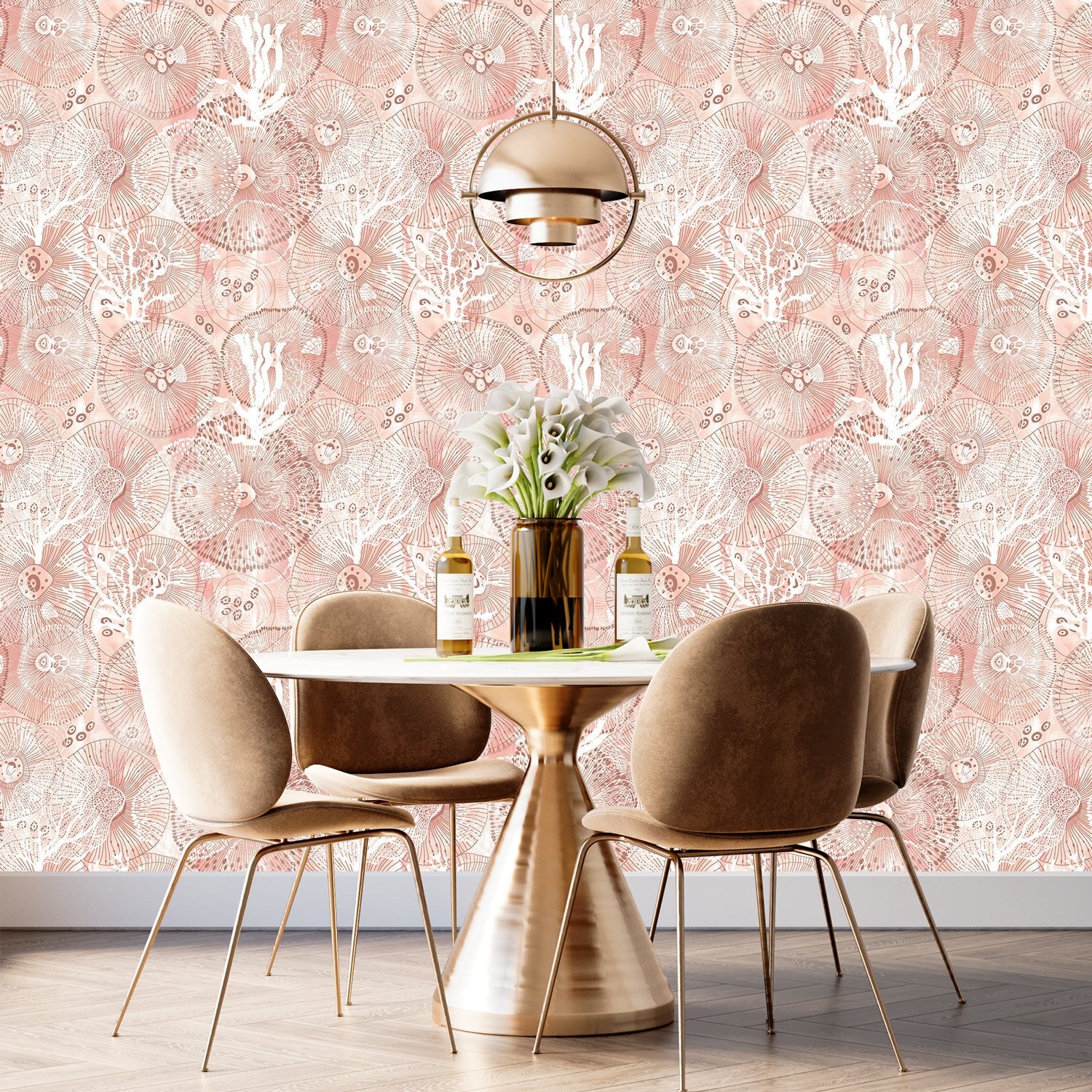 Turquoise blue damask pattern with white coral branches and delicate marine botanical motifs - view 18 - final