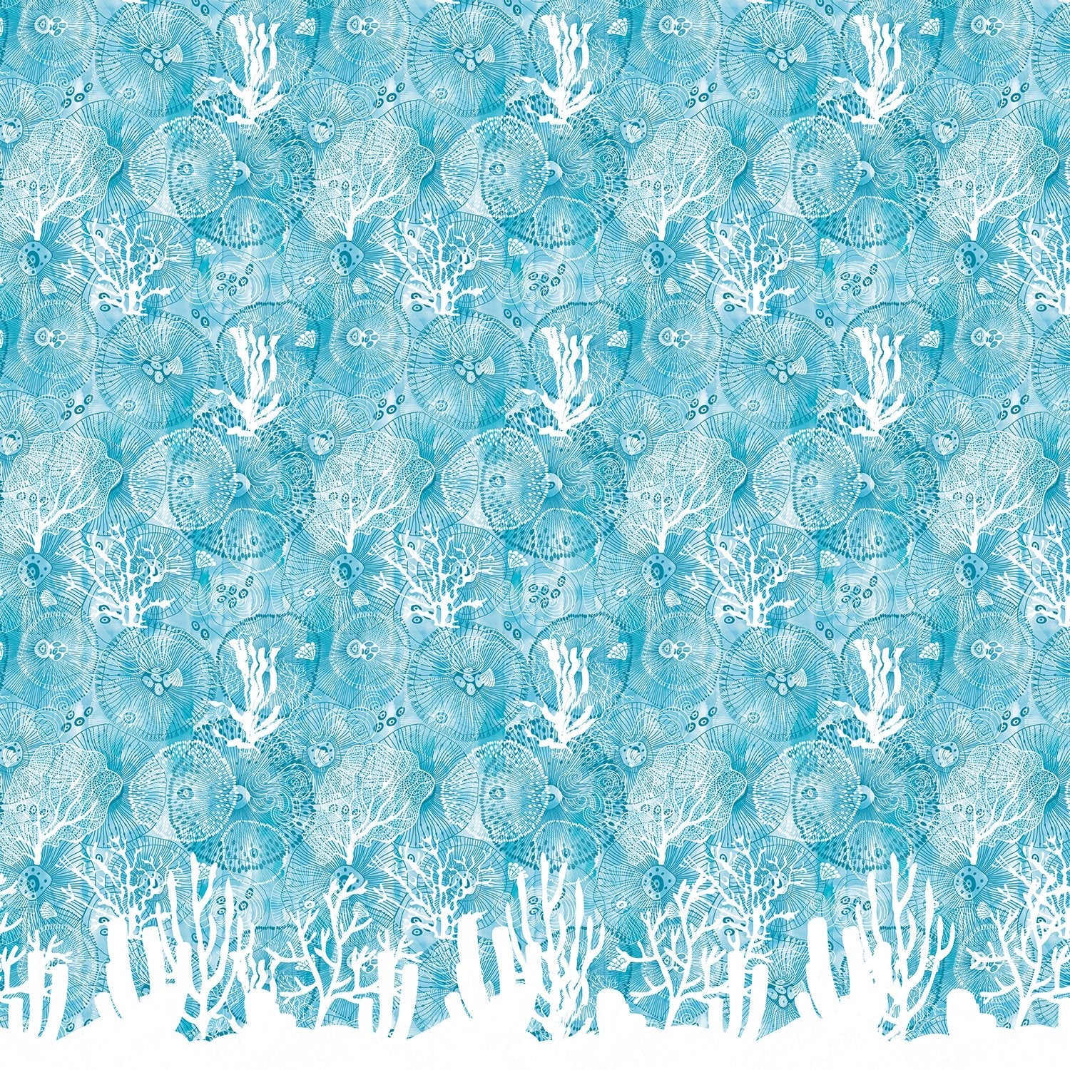 Turquoise blue damask pattern with white coral branches and delicate marine botanical motifs - view 2 - final
