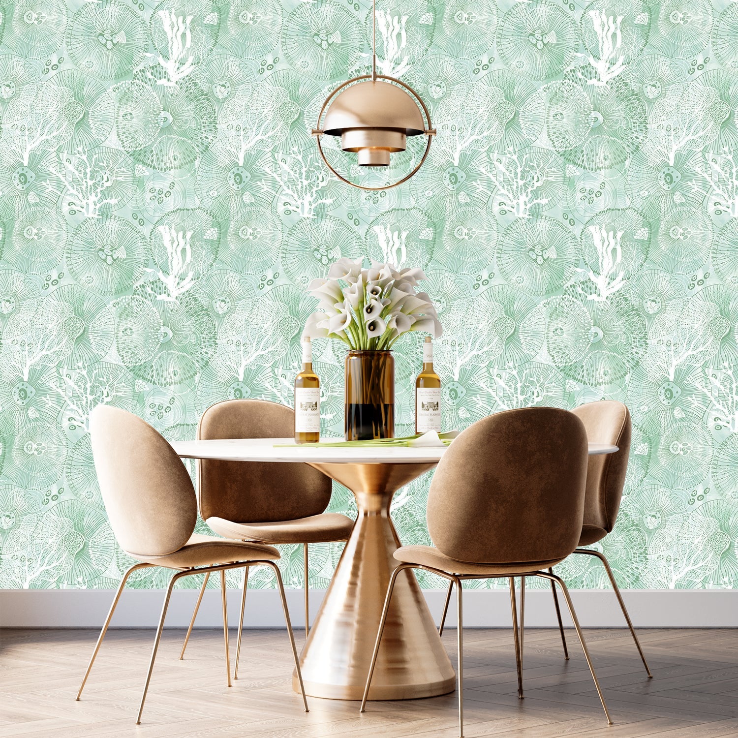 Turquoise blue damask pattern with white coral branches and delicate marine botanical motifs - view 24 - final