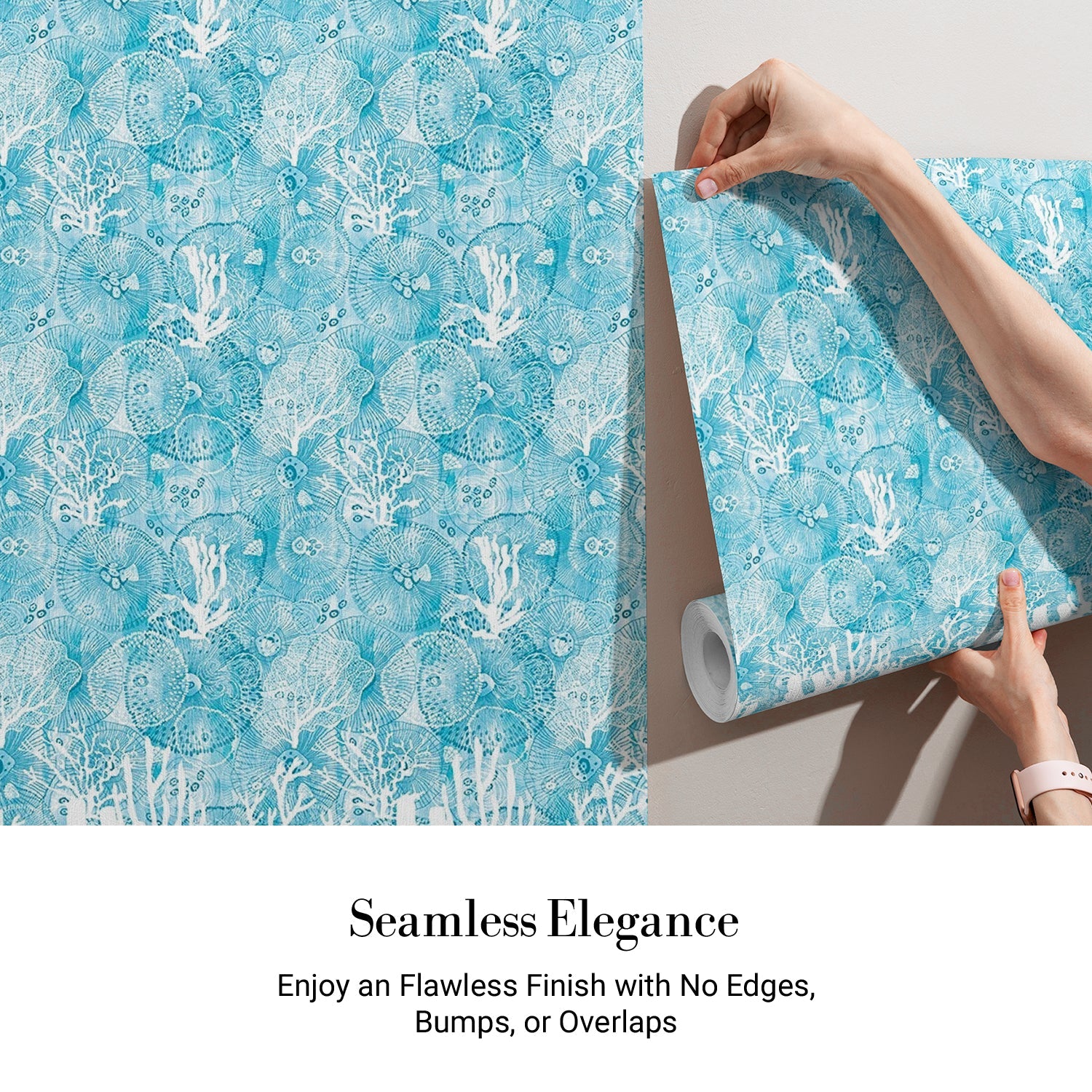 Turquoise blue damask pattern with white coral branches and delicate marine botanical motifs - view 4 - final