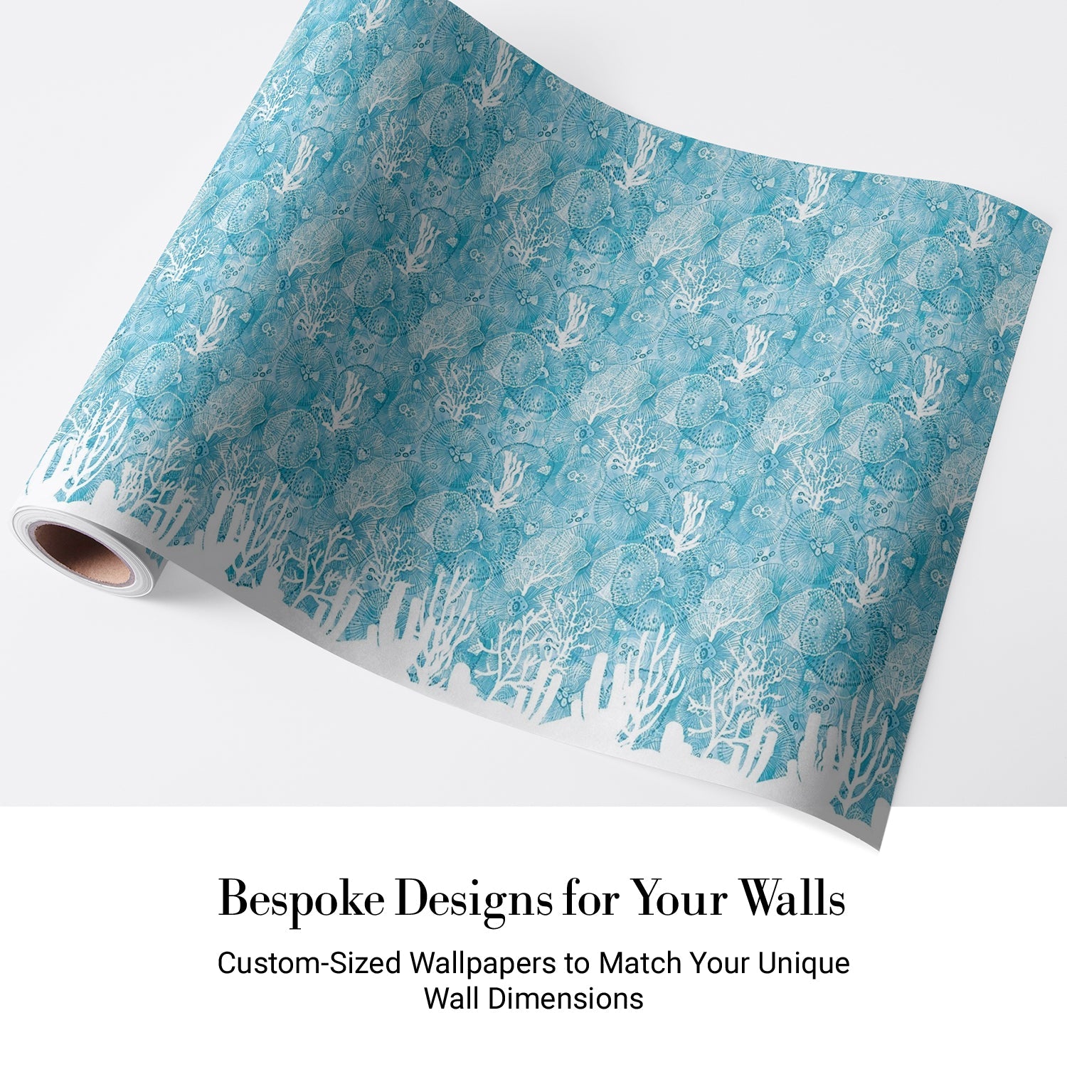 Turquoise blue damask pattern with white coral branches and delicate marine botanical motifs - view 5 - final