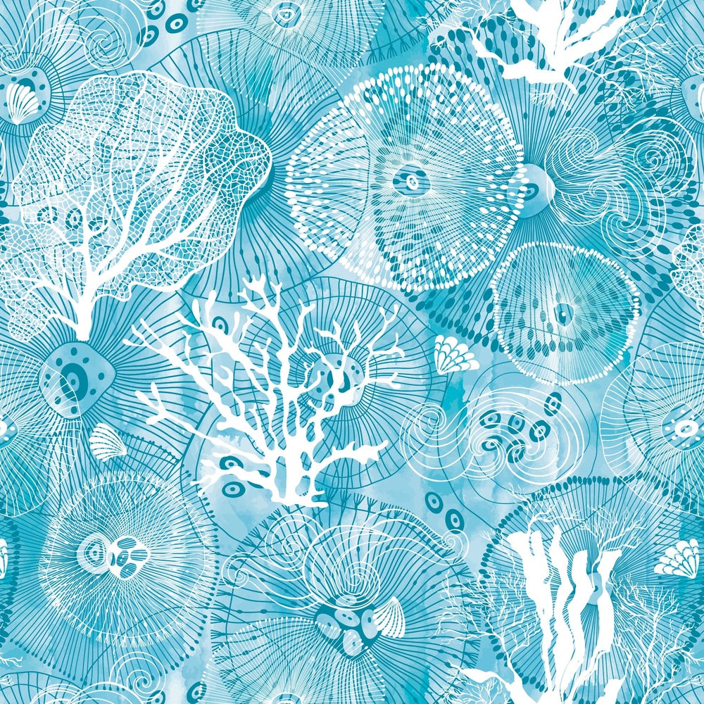 Turquoise blue damask pattern with white coral branches and delicate marine botanical motifs - view 7 - repeat-small - final