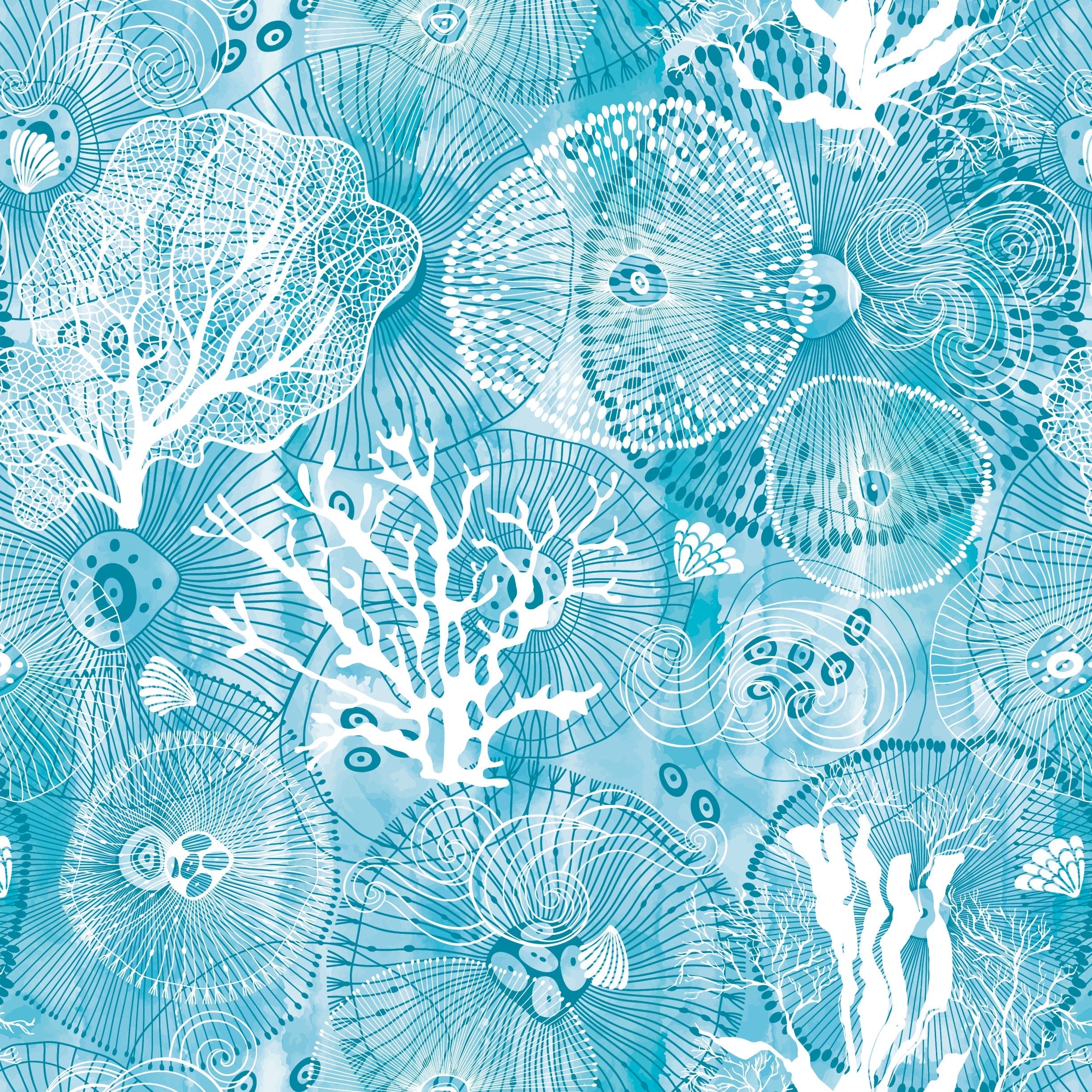 Turquoise blue damask pattern with white coral branches and delicate marine botanical motifs - view 8 - repeat-original - final