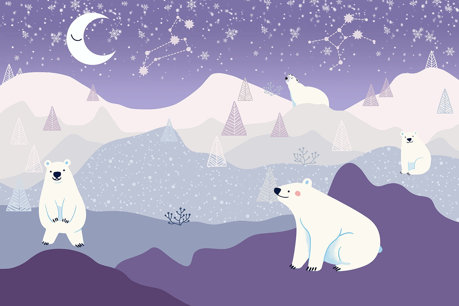 "Starlit polar bear on lea background - kids wallpaper mural-inequal final"