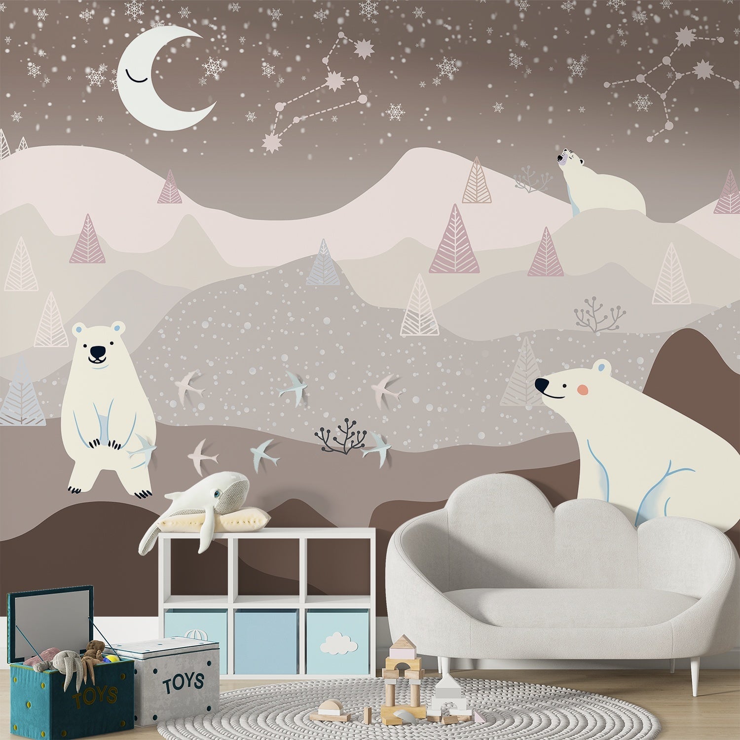 Whimsical polar bears in snowy landscape with crescent moon and geometric trees - view 11 - final