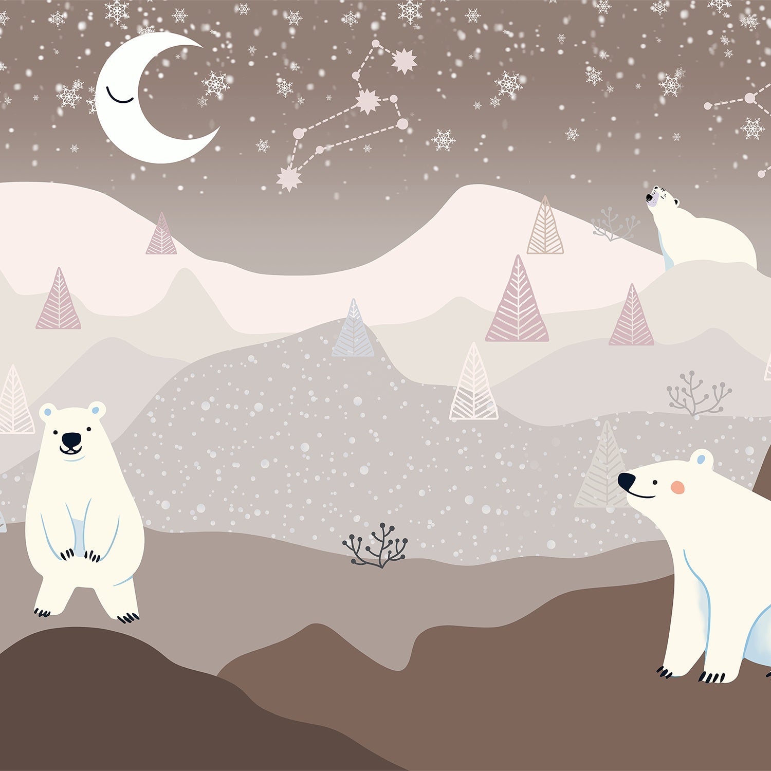 Whimsical polar bears in snowy landscape with crescent moon and geometric trees - view 12 - final