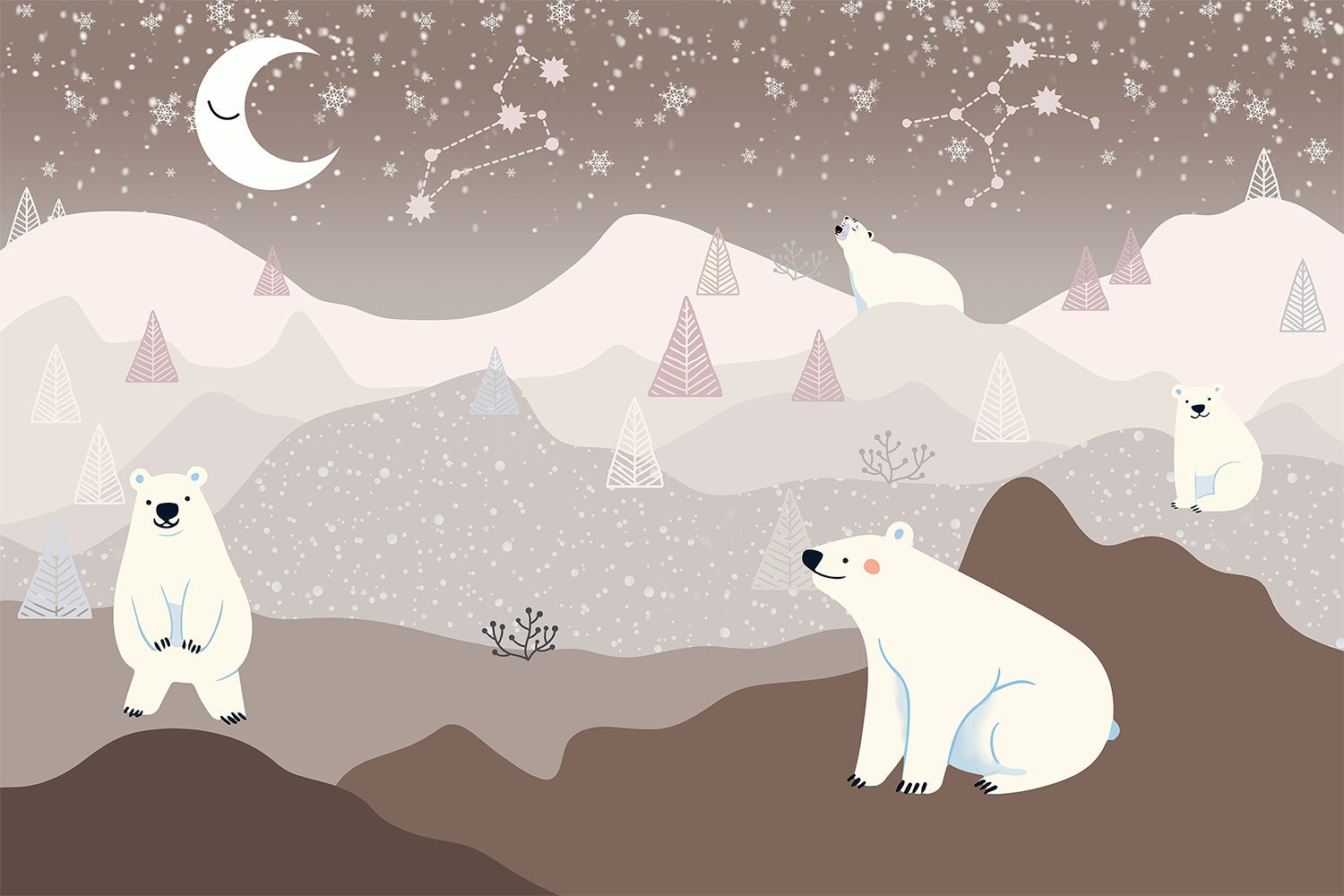 "Starlit polar bear on lea background - kids wallpaper mural-inequal final"