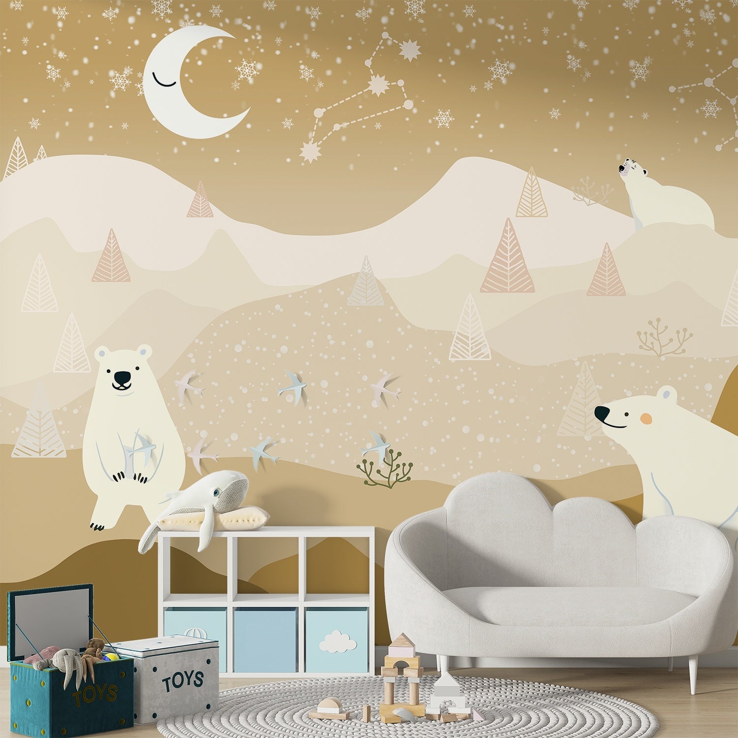 Whimsical polar bears in snowy landscape with crescent moon and geometric trees - view 15 - final