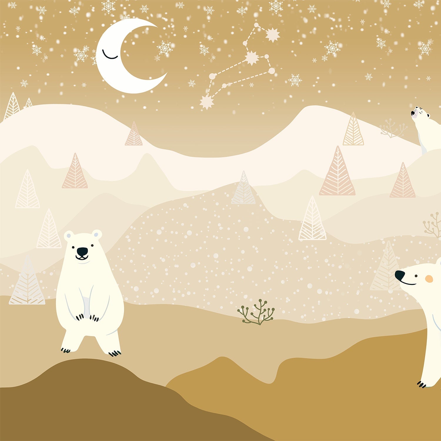 Whimsical polar bears in snowy landscape with crescent moon and geometric trees - view 16 - final