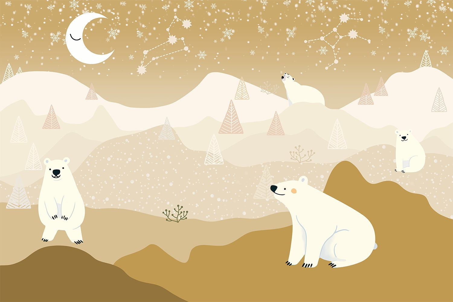 "Starlit polar bear on lea background - kids wallpaper mural-inequal final"