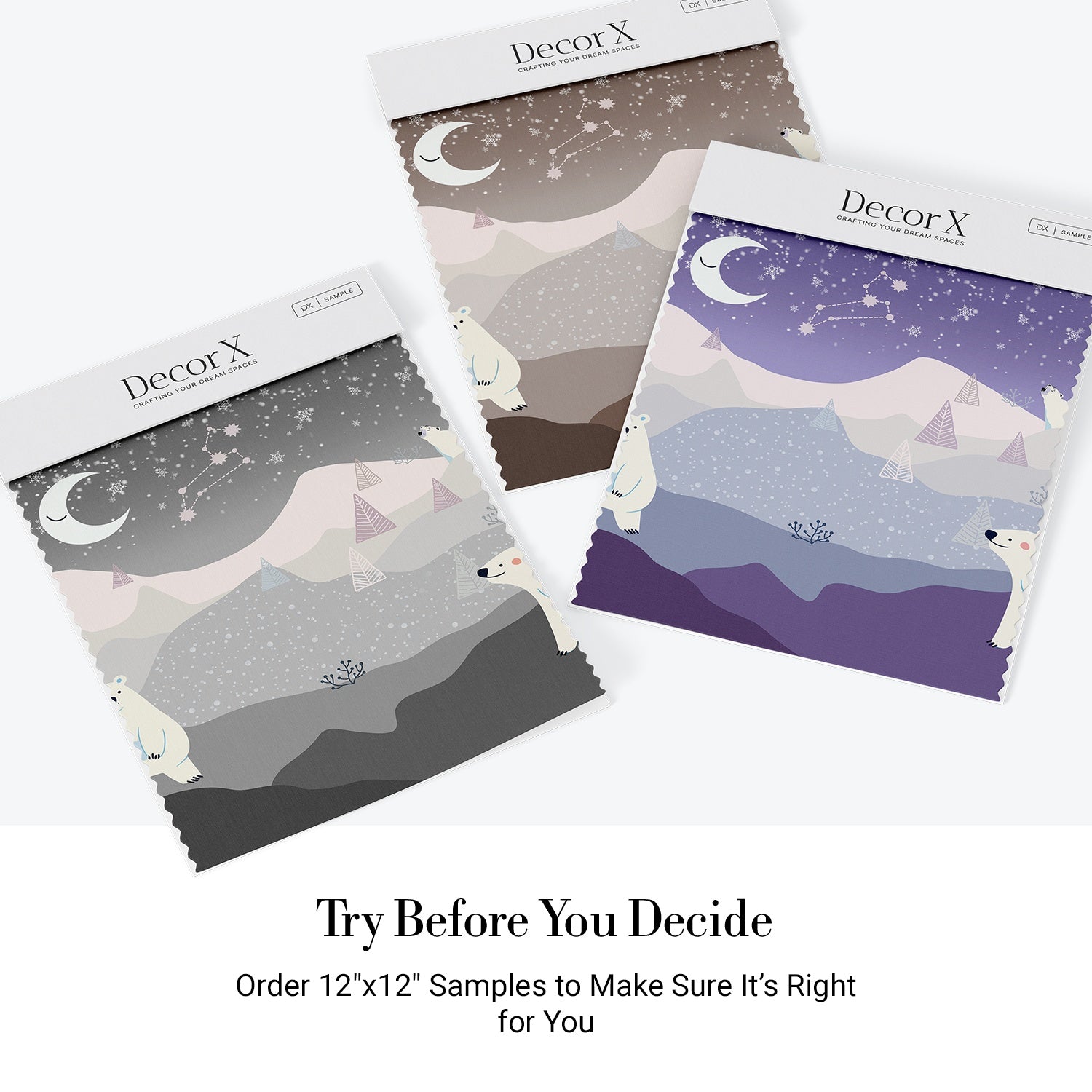 Whimsical polar bears in snowy landscape with crescent moon and geometric trees - view 19 - final all-groups samples