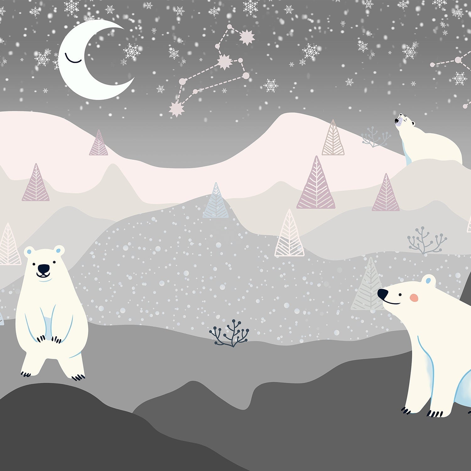 Whimsical polar bears in snowy landscape with crescent moon and geometric trees - view 2 - final