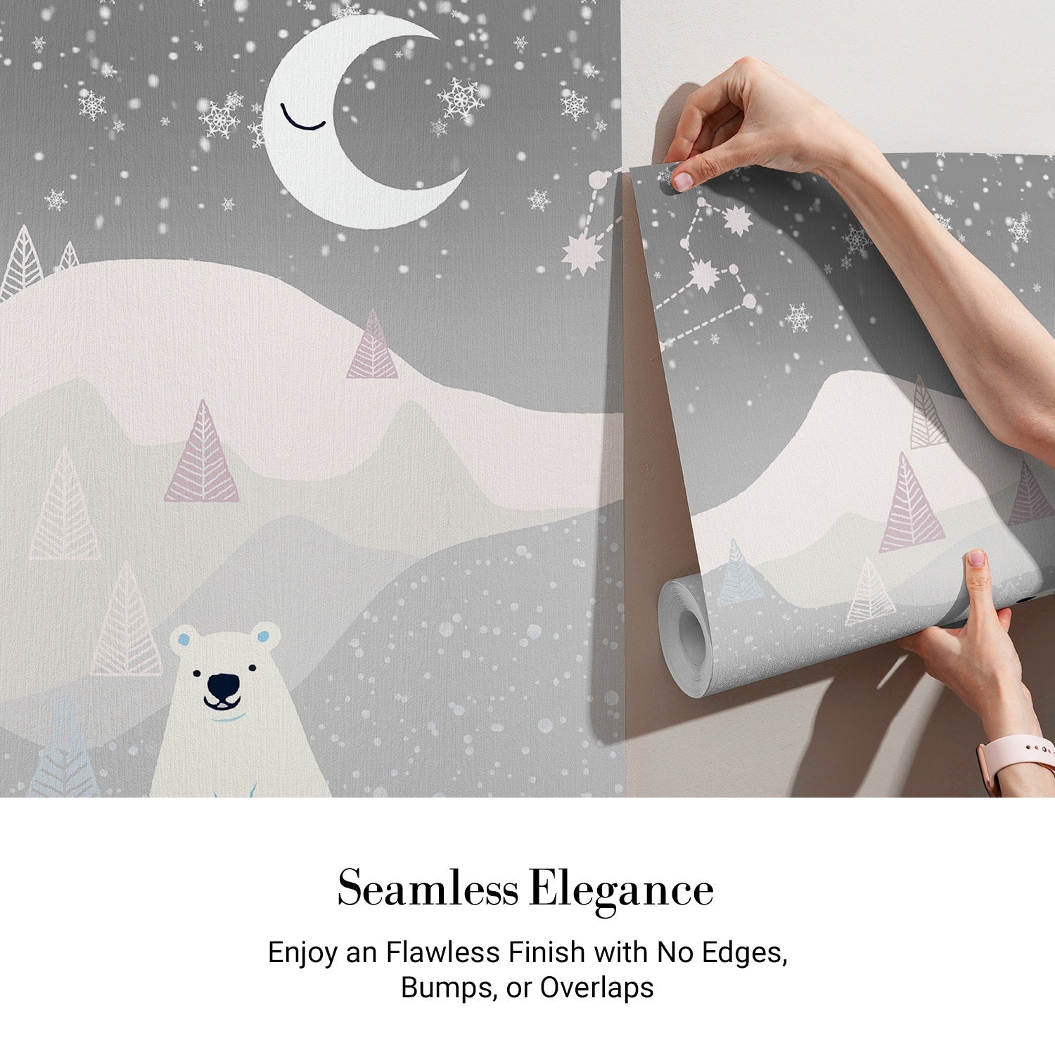 Whimsical polar bears in snowy landscape with crescent moon and geometric trees - view 3 - final