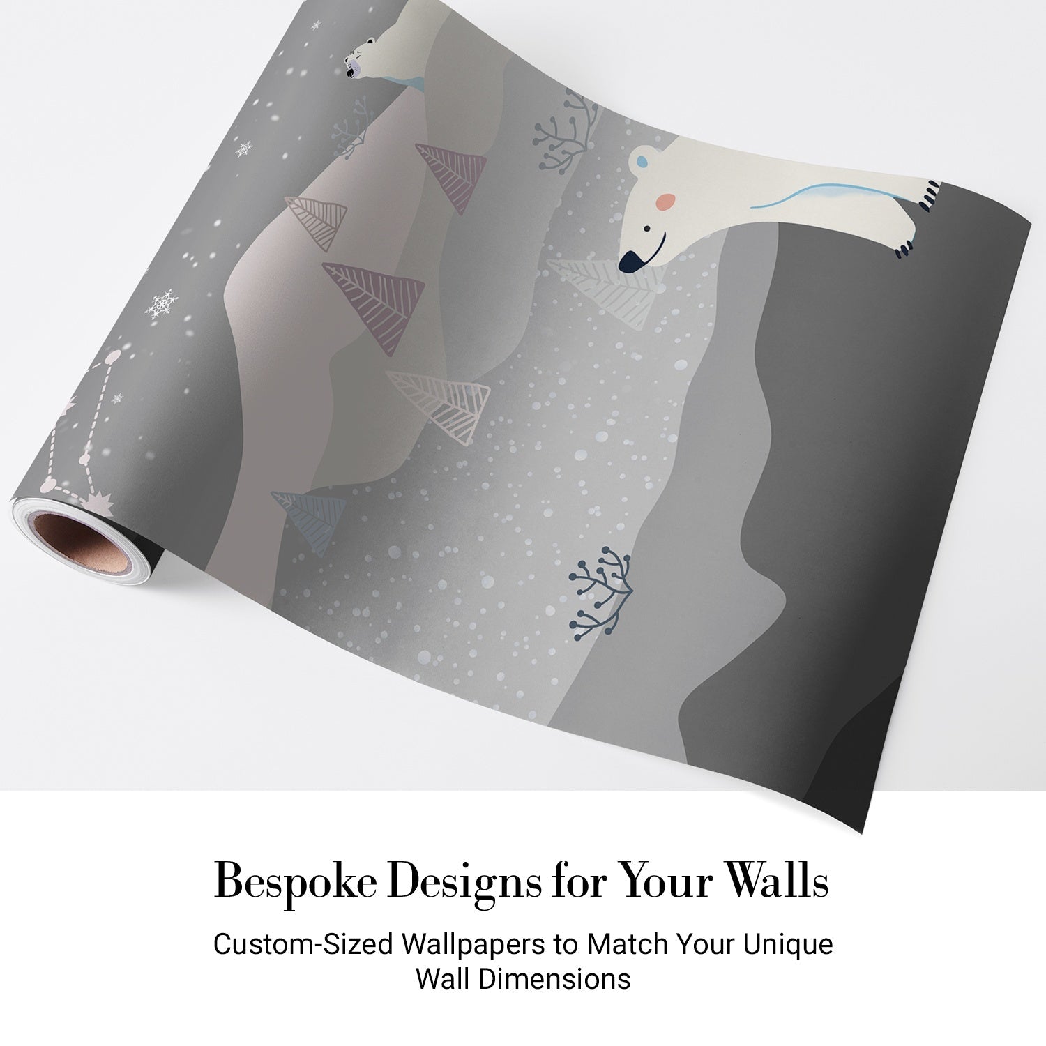 Whimsical polar bears in snowy landscape with crescent moon and geometric trees - view 4 - final