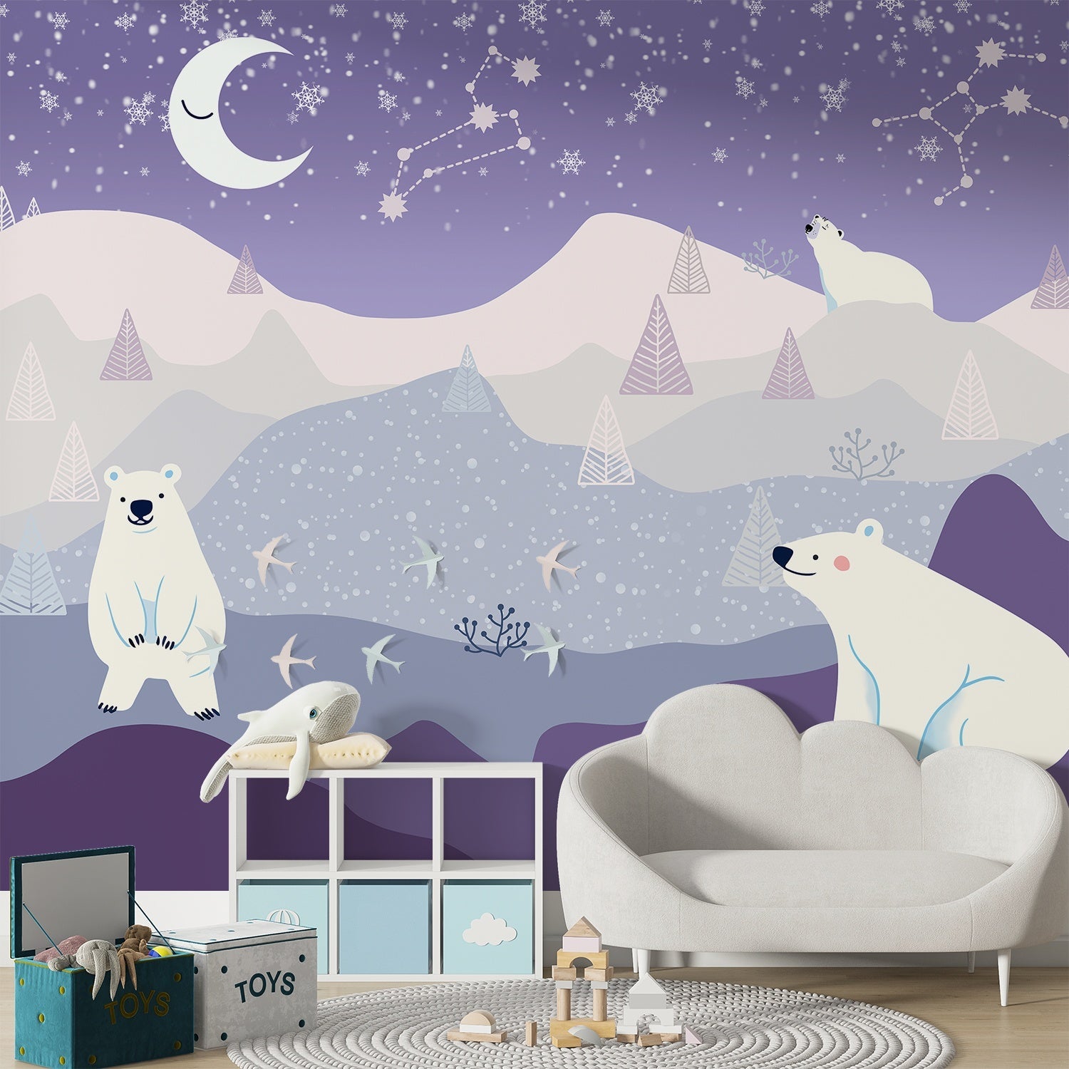 Whimsical polar bears in snowy landscape with crescent moon and geometric trees - view 7 - final