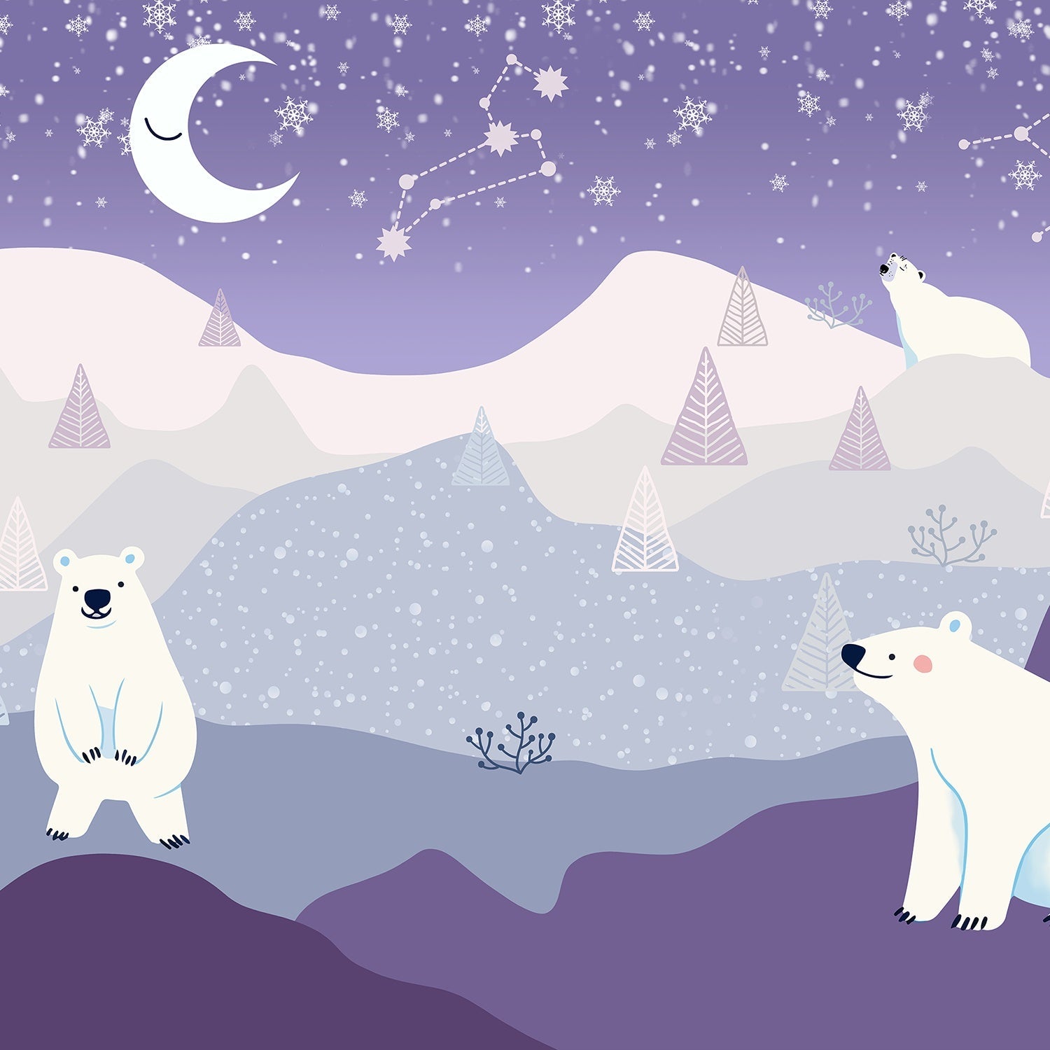 Whimsical polar bears in snowy landscape with crescent moon and geometric trees - view 8 - final