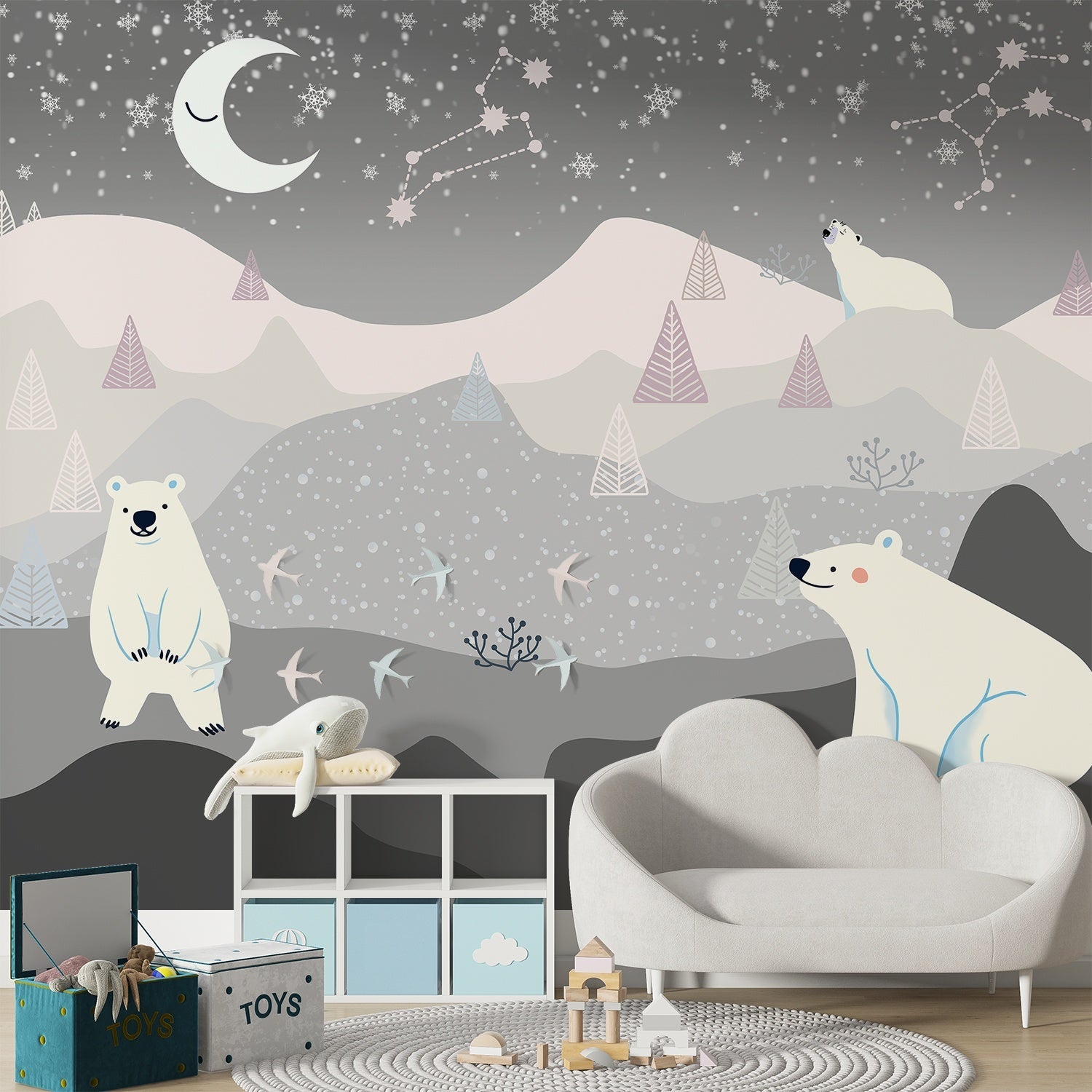 Whimsical polar bears in snowy landscape with crescent moon and geometric trees - final kids-room