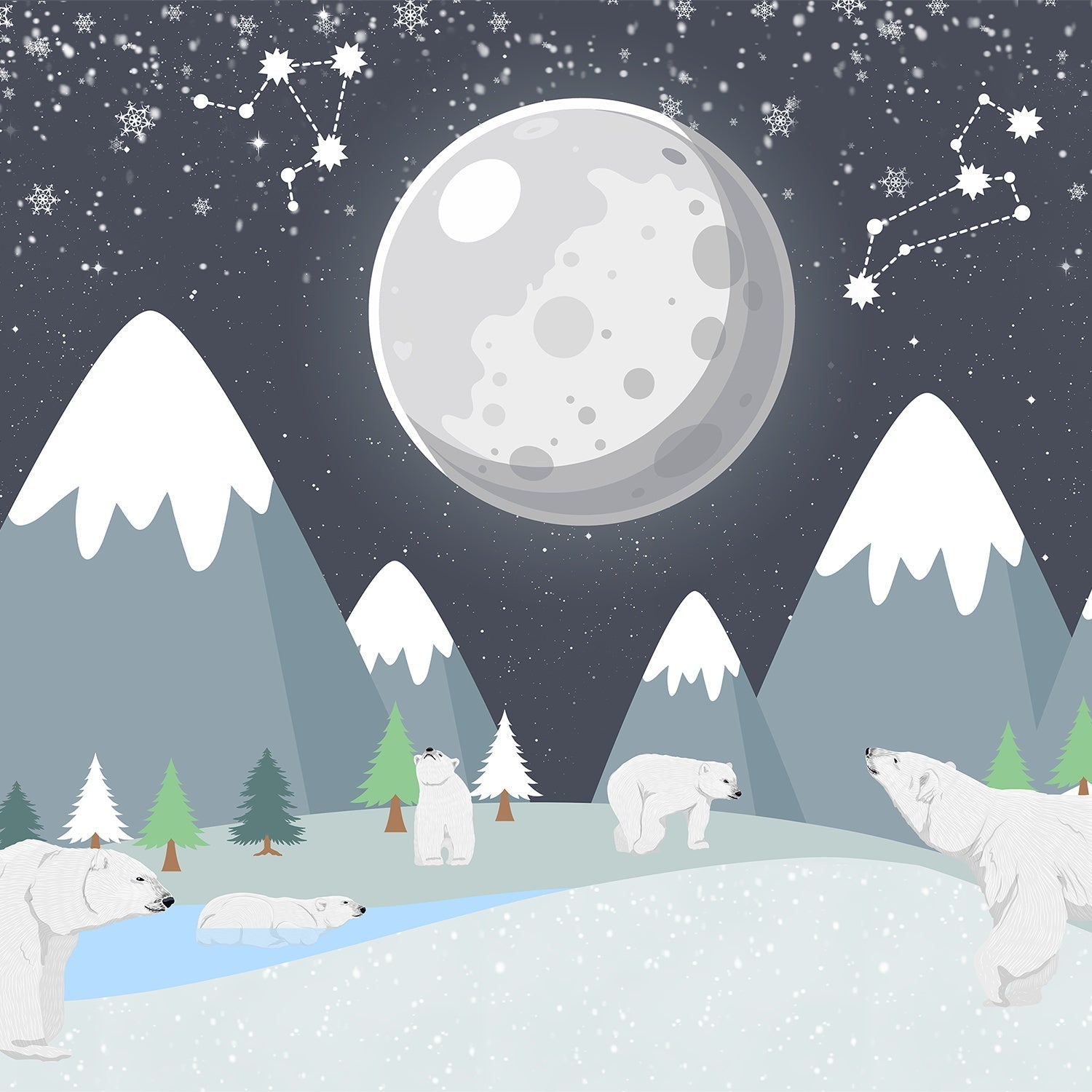 Snowy mountain landscape with polar bears under full moon and constellation starry sky - view 2 - final