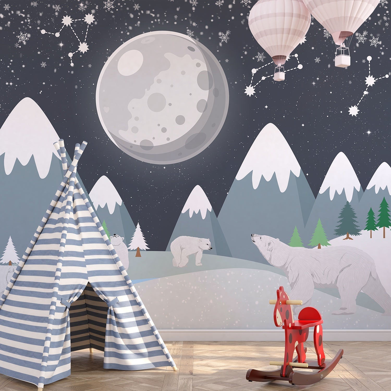 Snowy mountain landscape with polar bears under full moon and constellation starry sky - view 3 - final