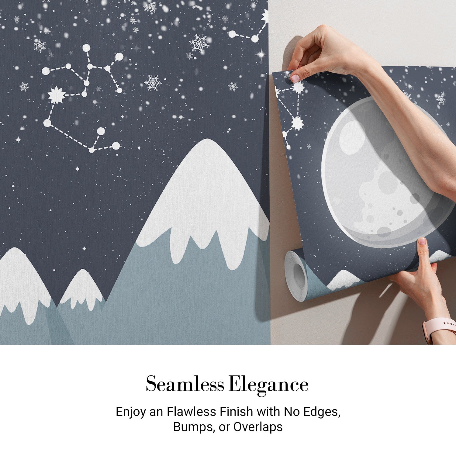 Snowy mountain landscape with polar bears under full moon and constellation starry sky - view 4 - final