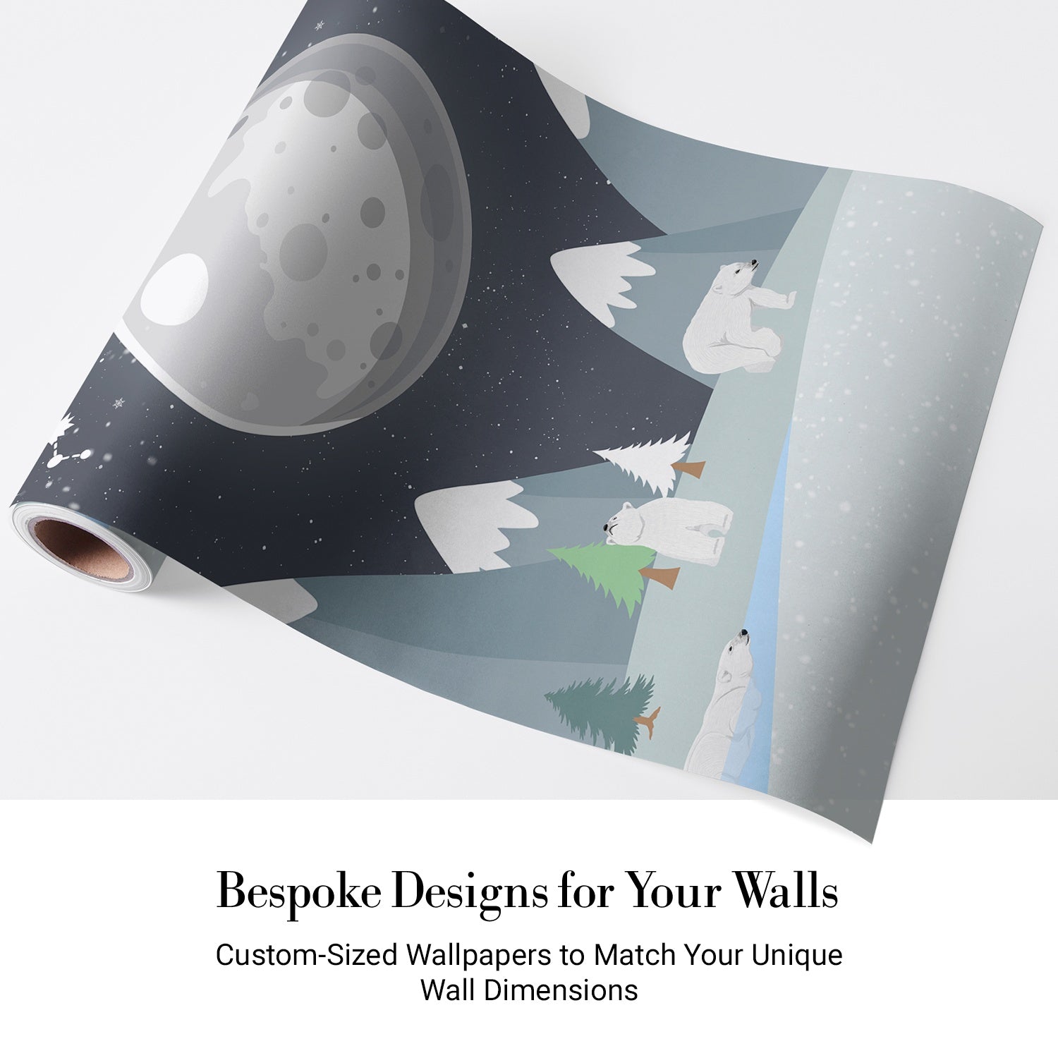 Snowy mountain landscape with polar bears under full moon and constellation starry sky - view 5 - final