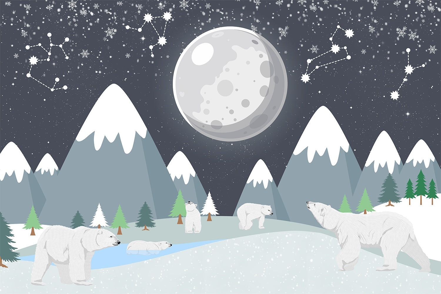 "Magical moonlit arctic scene in lea - kids wallpaper mural-inequal final"