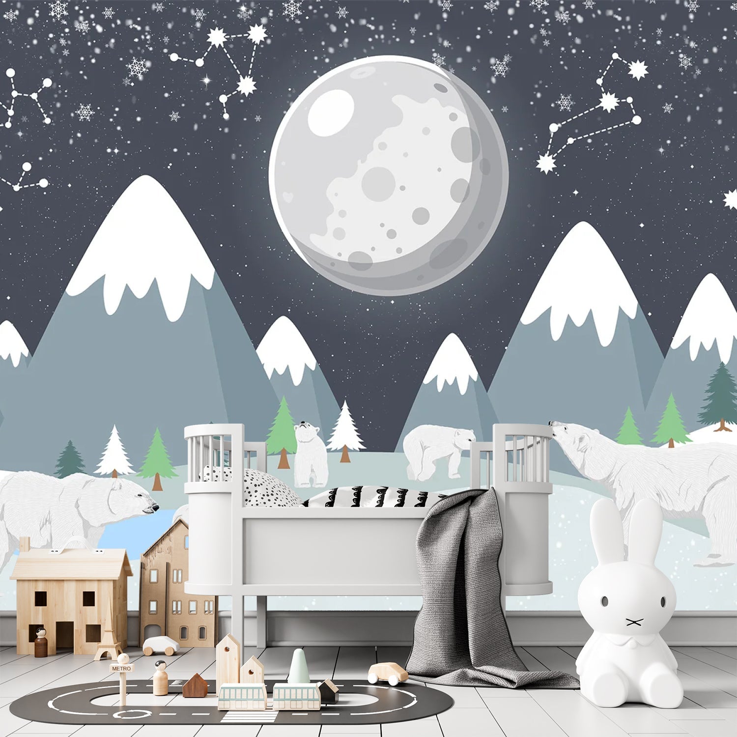 Snowy mountain landscape with polar bears under full moon and constellation starry sky - final kids-room