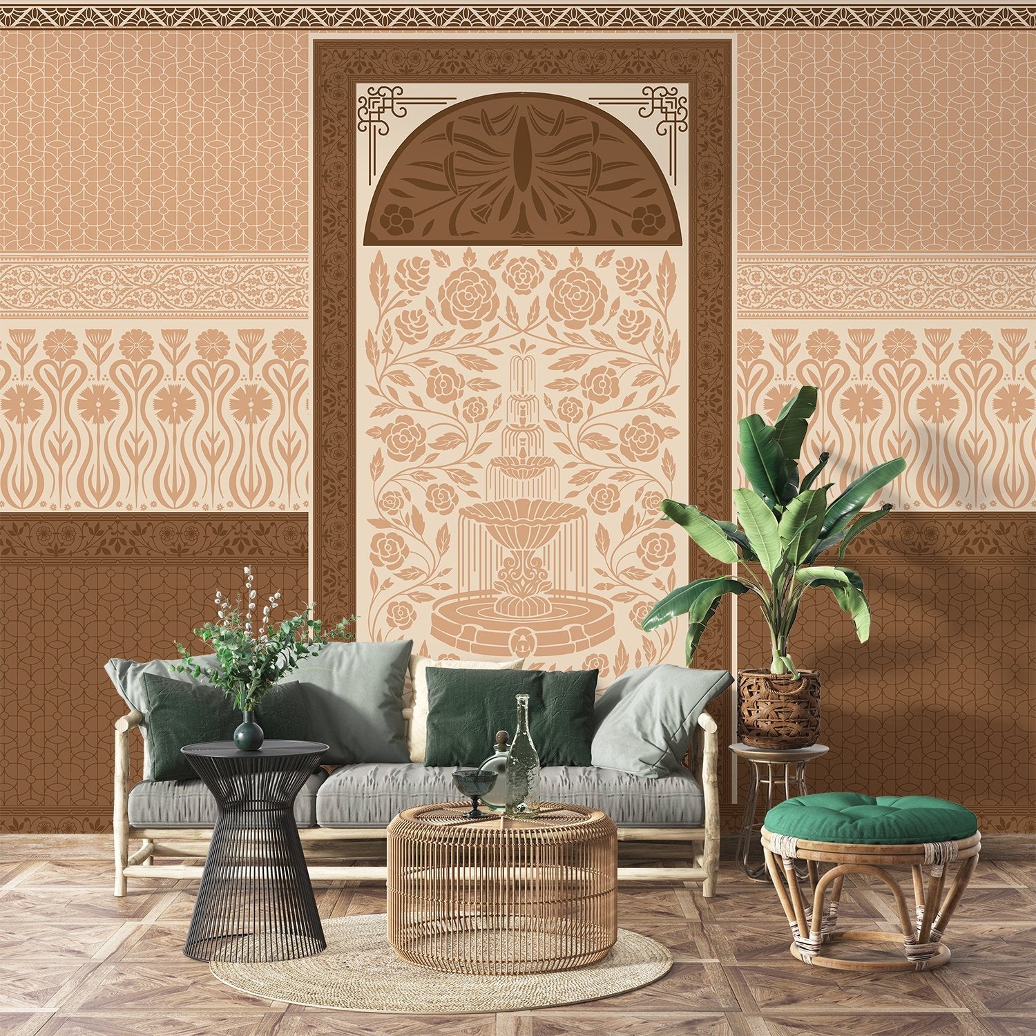 Ornate Art Nouveau fountain panel with symmetrical rose design in serene sage green tones - view 11 - final