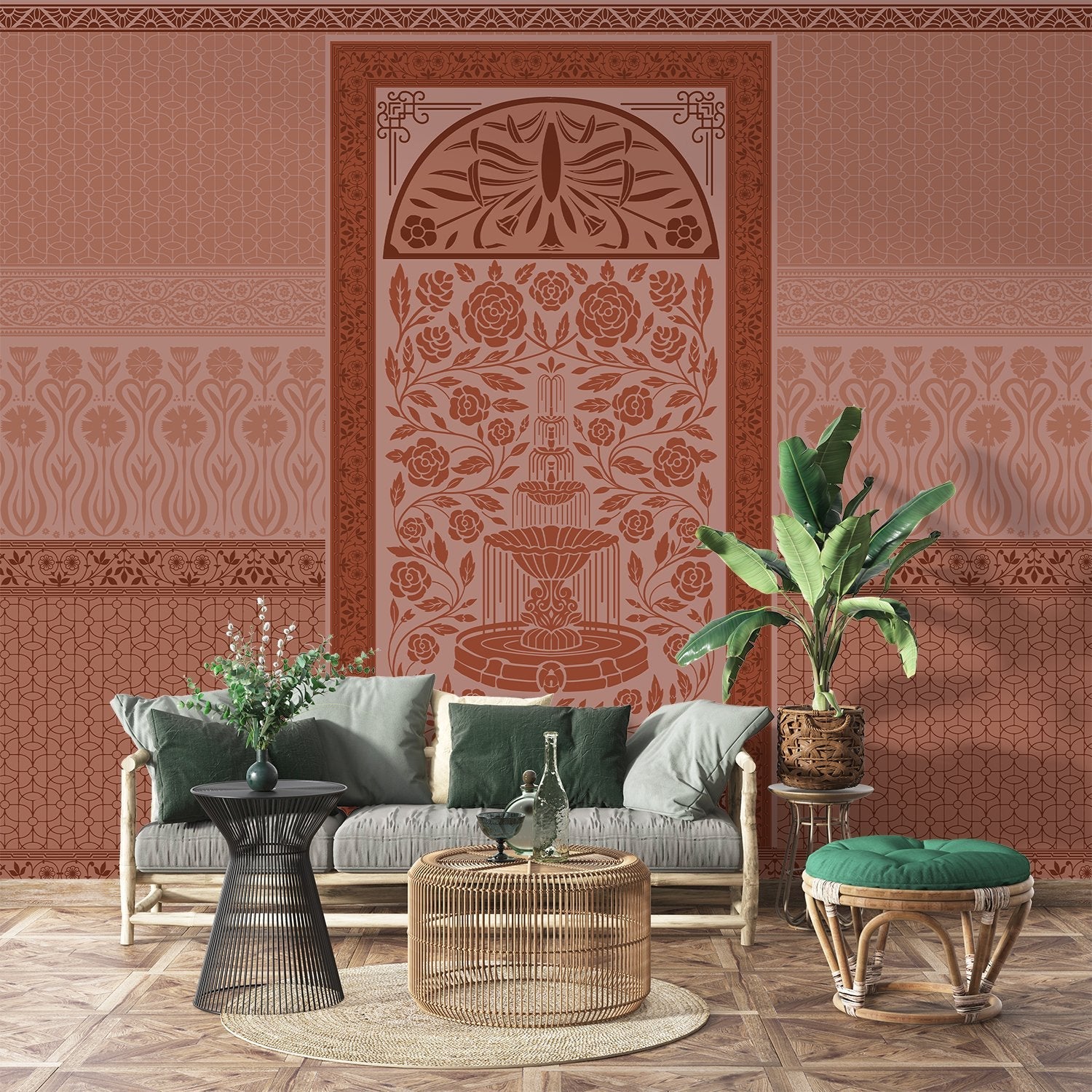 Ornate Art Nouveau fountain panel with symmetrical rose design in serene sage green tones - view 15 - final