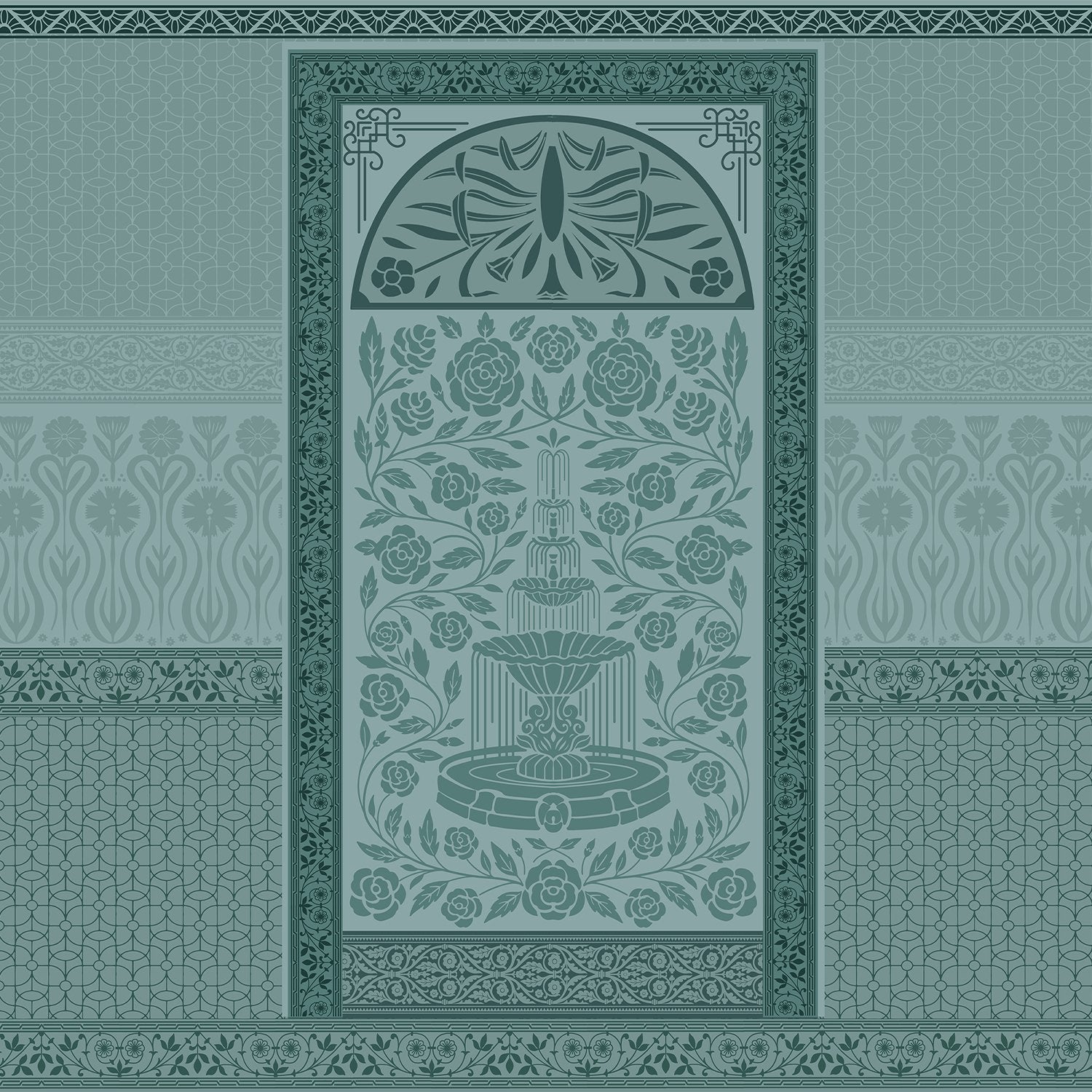 Ornate Art Nouveau fountain panel with symmetrical rose design in serene sage green tones - view 2 - final