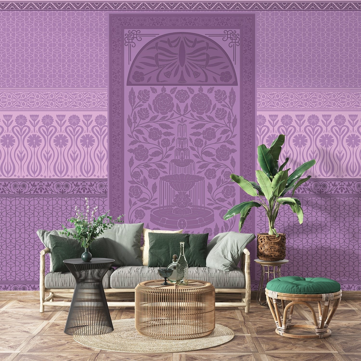 Ornate Art Nouveau fountain panel with symmetrical rose design in serene sage green tones - view 7 - final