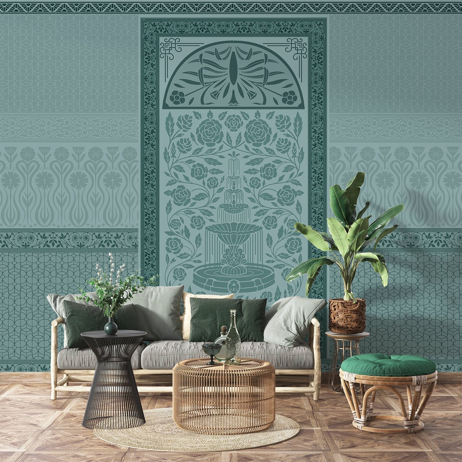 Ornate Art Nouveau fountain panel with symmetrical rose design in serene sage green tones - final living-room