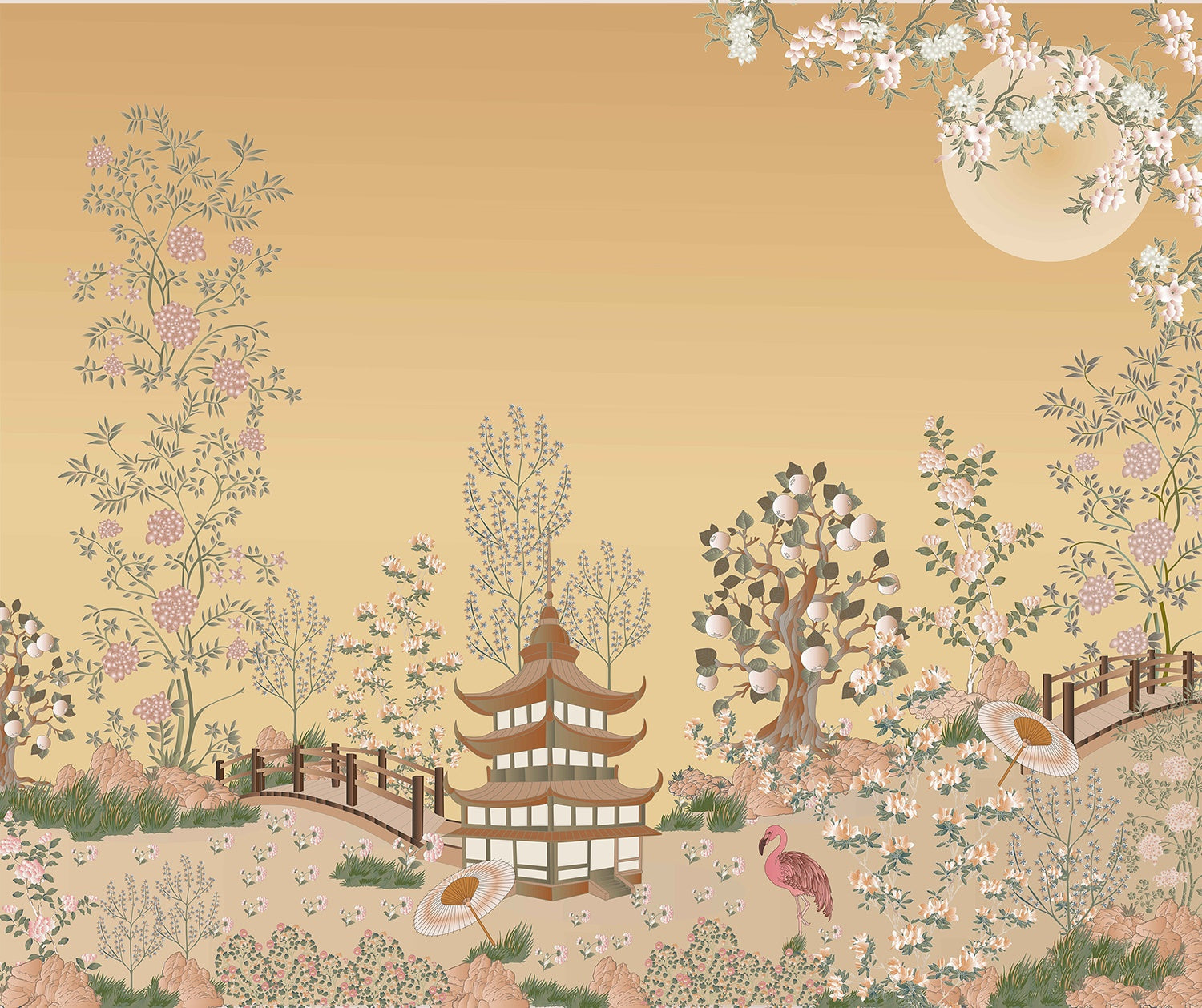 Blush Paradise Japanese Garden chinoiserie wallpaper mural-inequal final