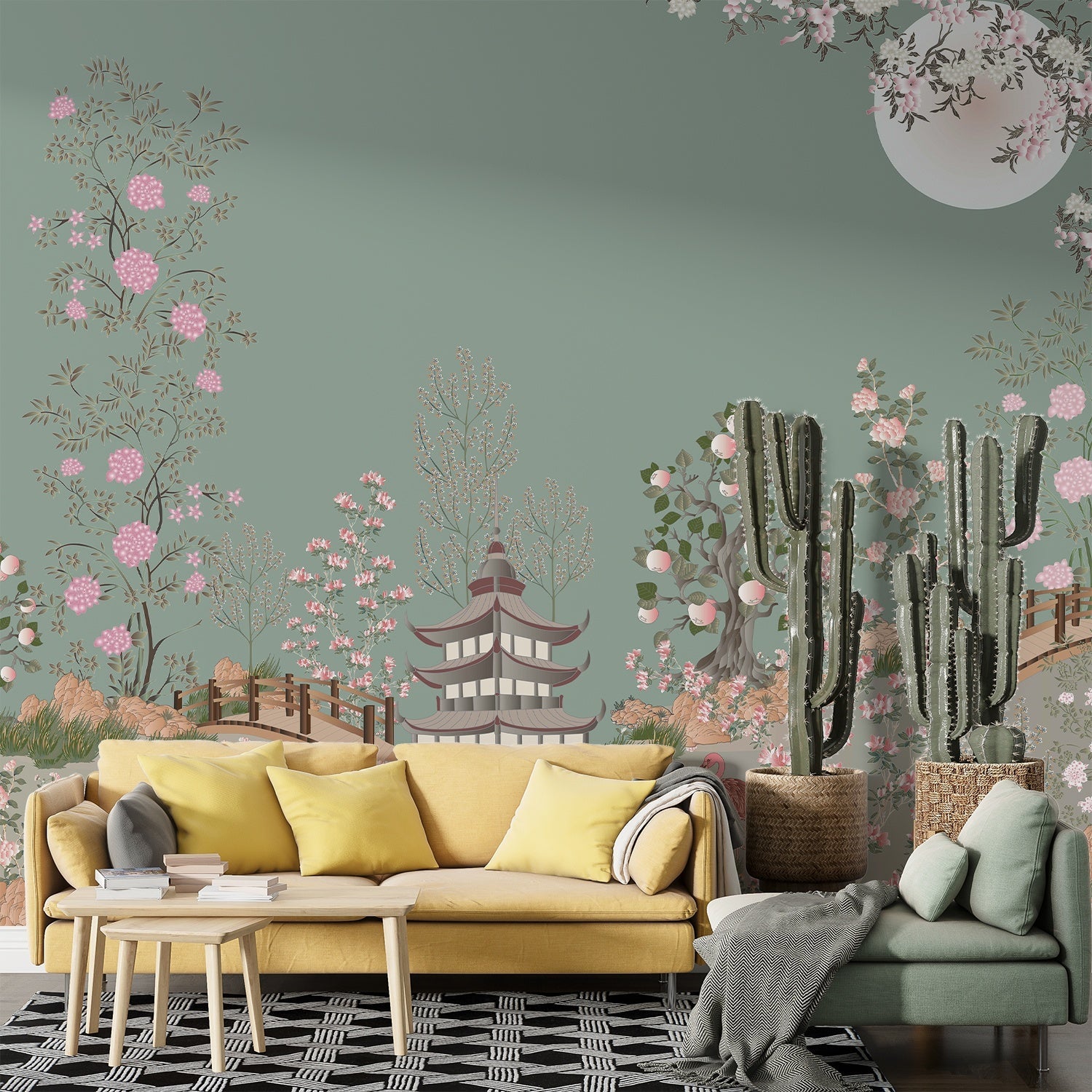 Delicate Asian garden scene with pagoda, saguaro cacti and cherry blossoms in pastel tones - view 11 - final
