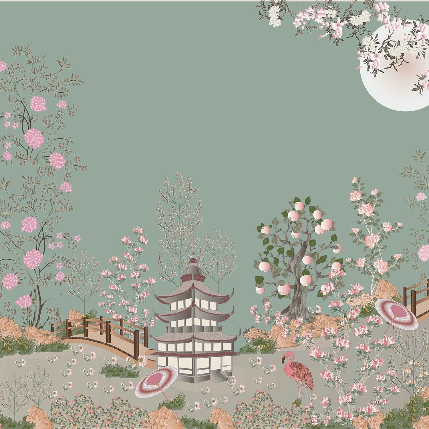Delicate Asian garden scene with pagoda, saguaro cacti and cherry blossoms in pastel tones - view 12 - final