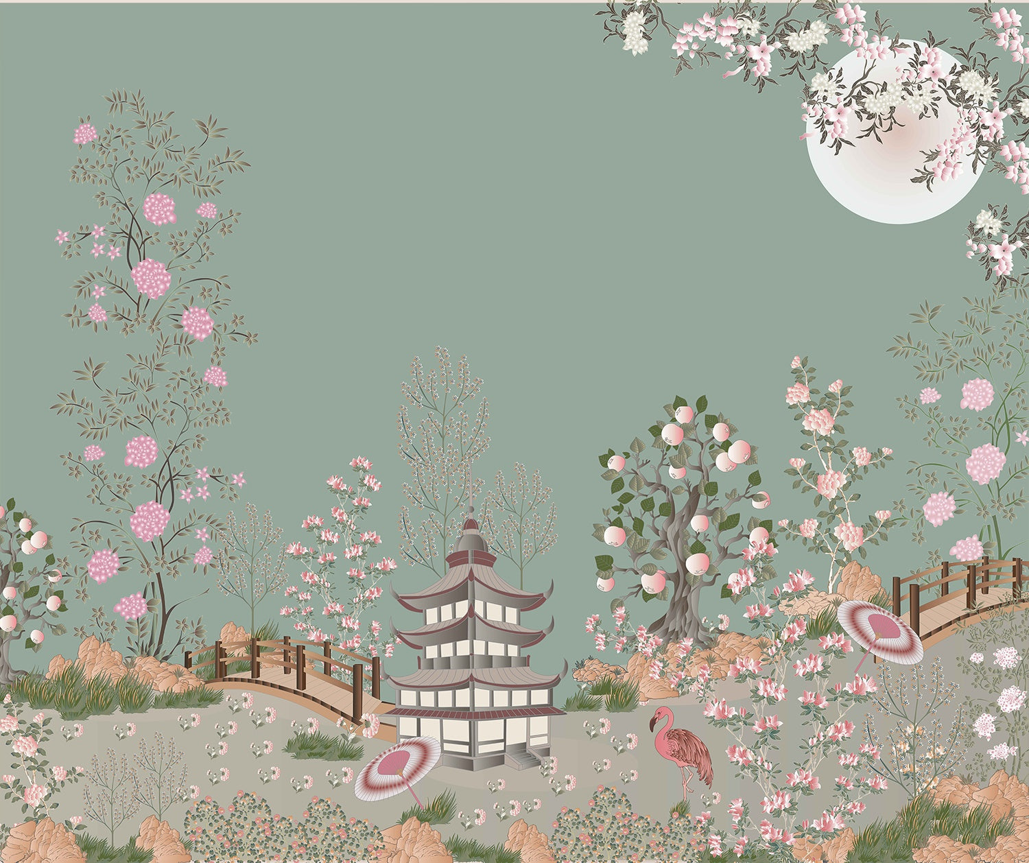 Blush Paradise Japanese Garden chinoiserie wallpaper mural-inequal final