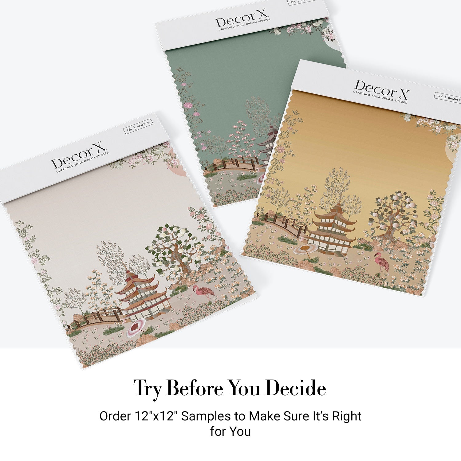 Delicate Asian garden scene with pagoda, saguaro cacti and cherry blossoms in pastel tones - view 15 - final all-groups samples