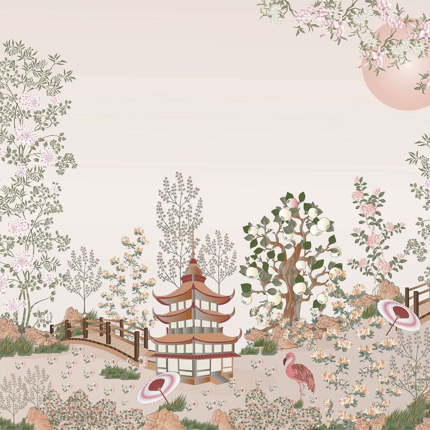 Delicate Asian garden scene with pagoda, saguaro cacti and cherry blossoms in pastel tones - view 2 - final