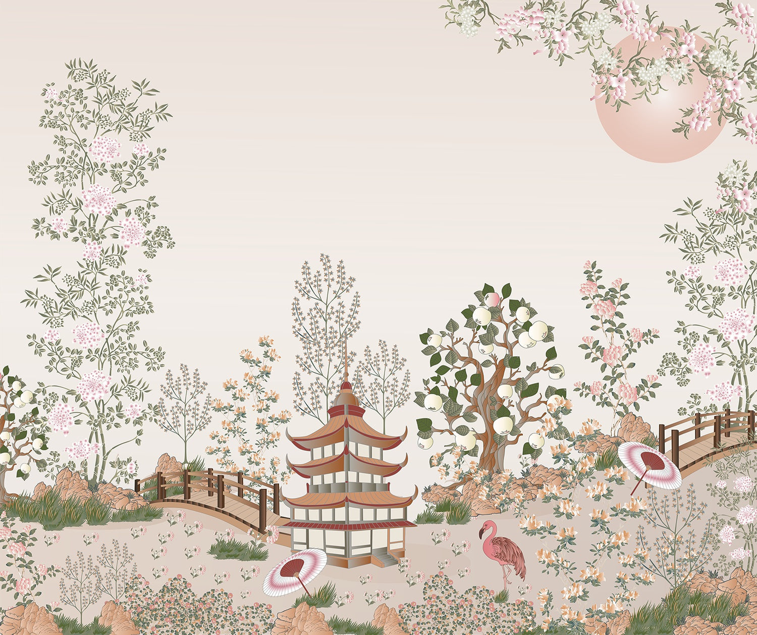 Blush Paradise Japanese Garden chinoiserie wallpaper mural-inequal final