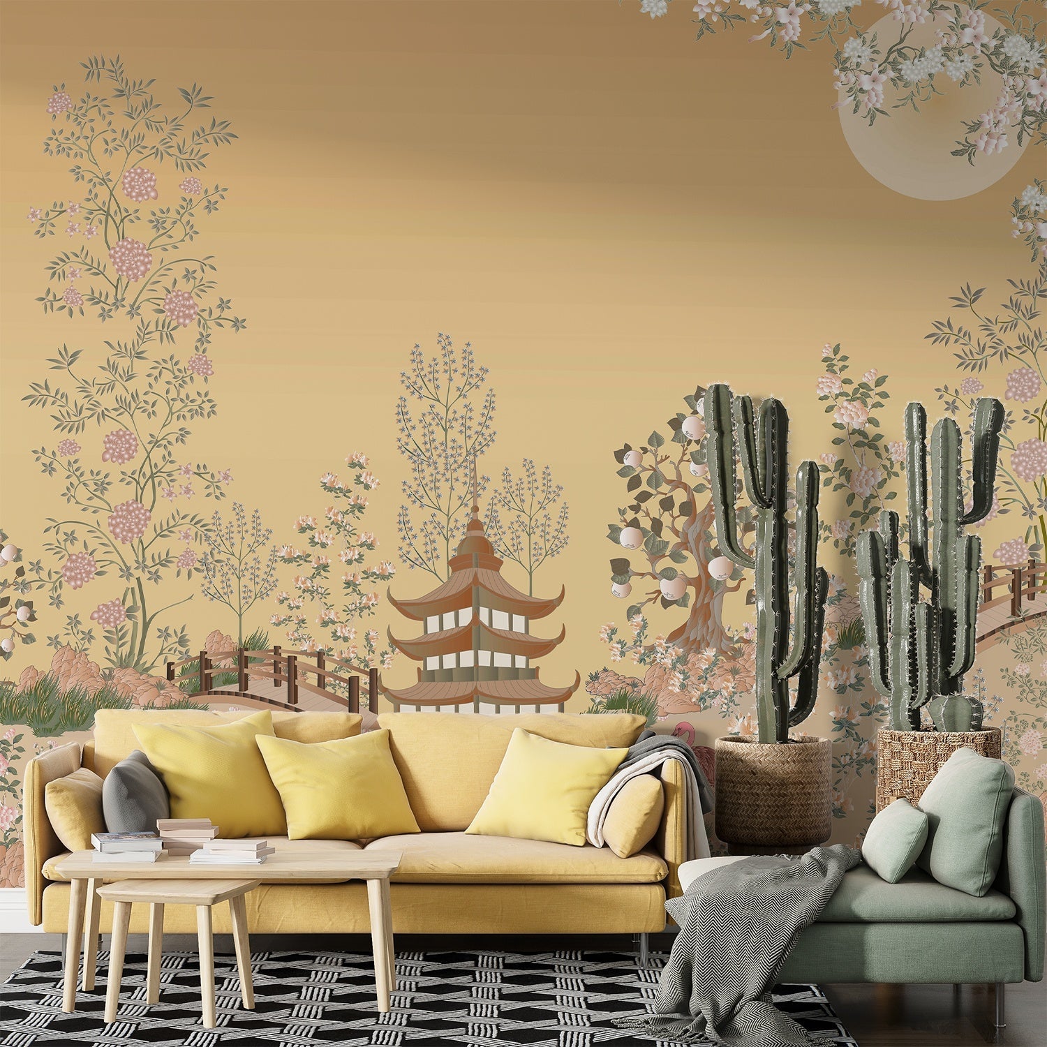 Delicate Asian garden scene with pagoda, saguaro cacti and cherry blossoms in pastel tones - view 7 - final