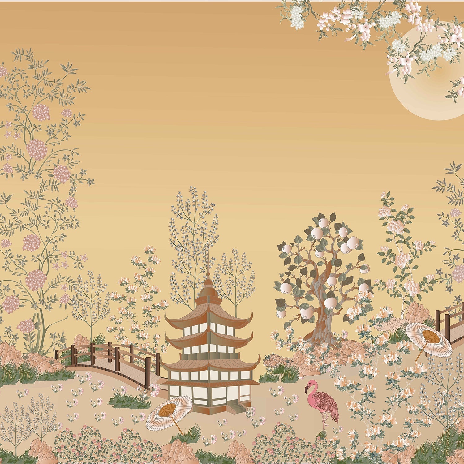 Delicate Asian garden scene with pagoda, saguaro cacti and cherry blossoms in pastel tones - view 8 - final