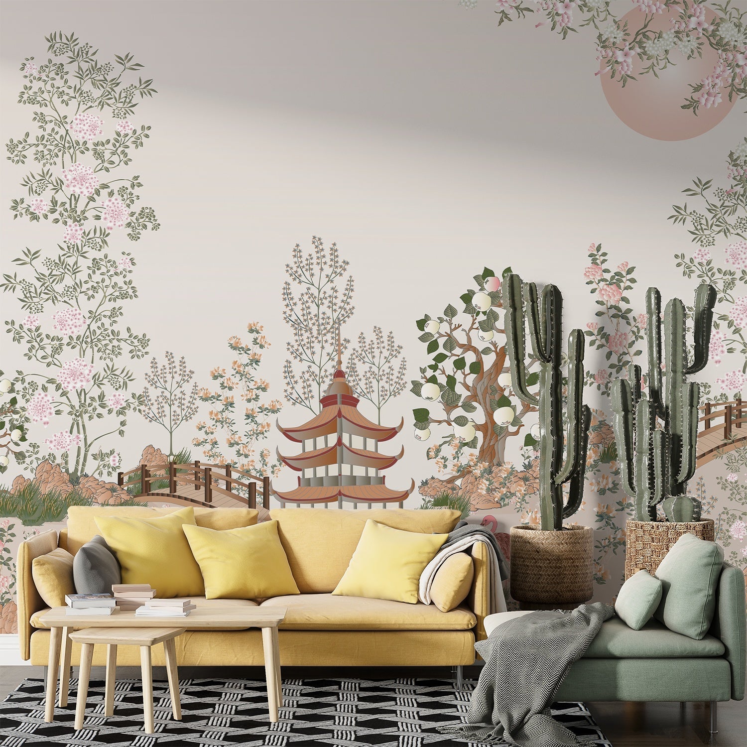 Delicate Asian garden scene with pagoda, saguaro cacti and cherry blossoms in pastel tones - final living-room