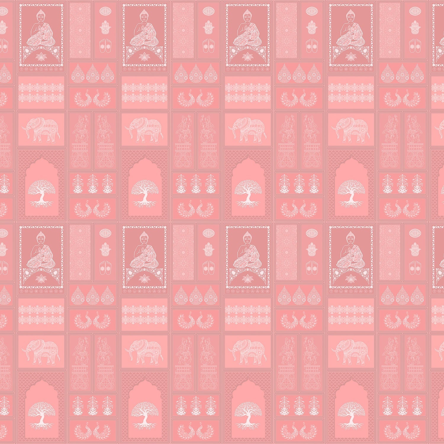 Traditional Asian temple and tree symbols in terracotta and sage green geometric grid - view 11 - final