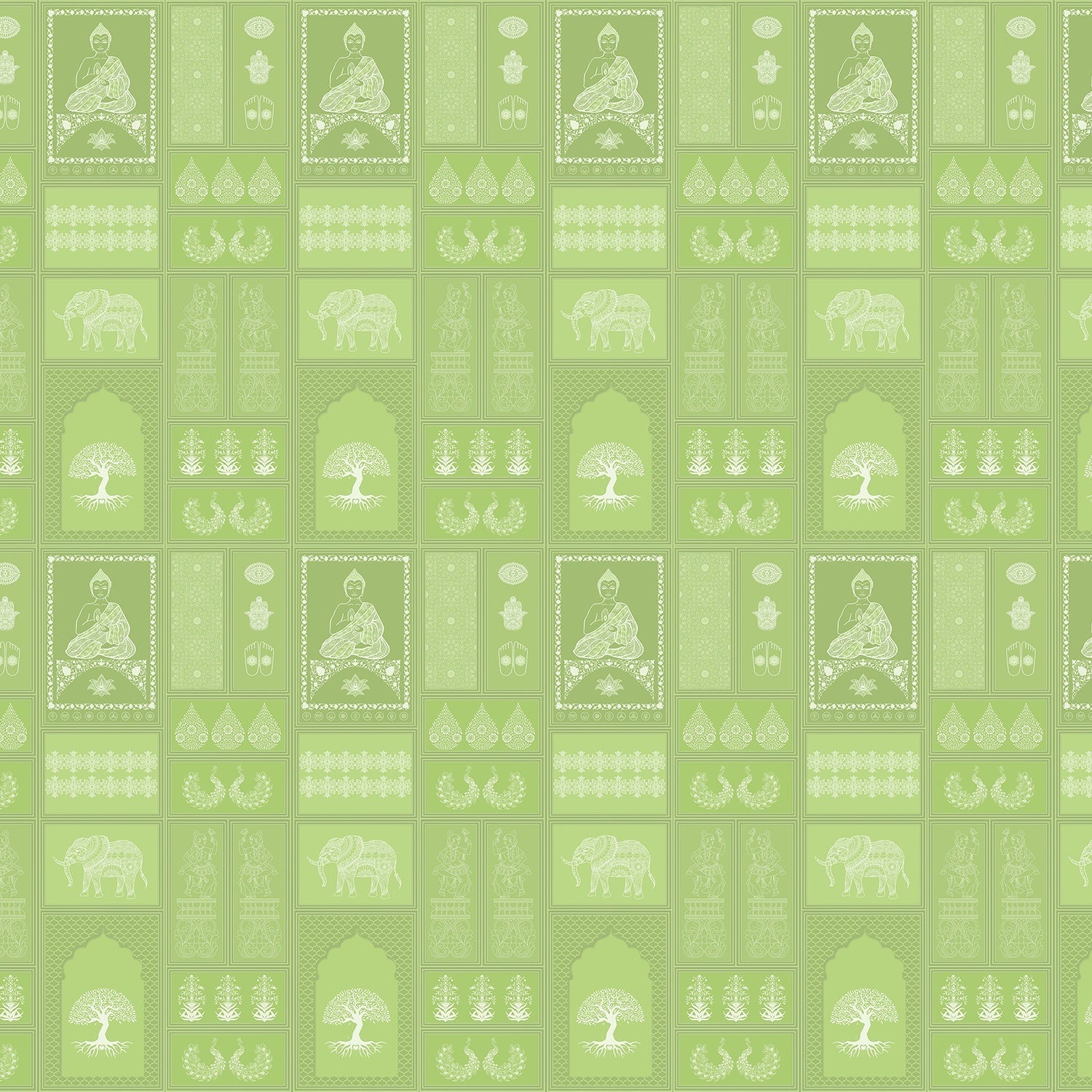 Traditional Asian temple and tree symbols in terracotta and sage green geometric grid - view 19 - final