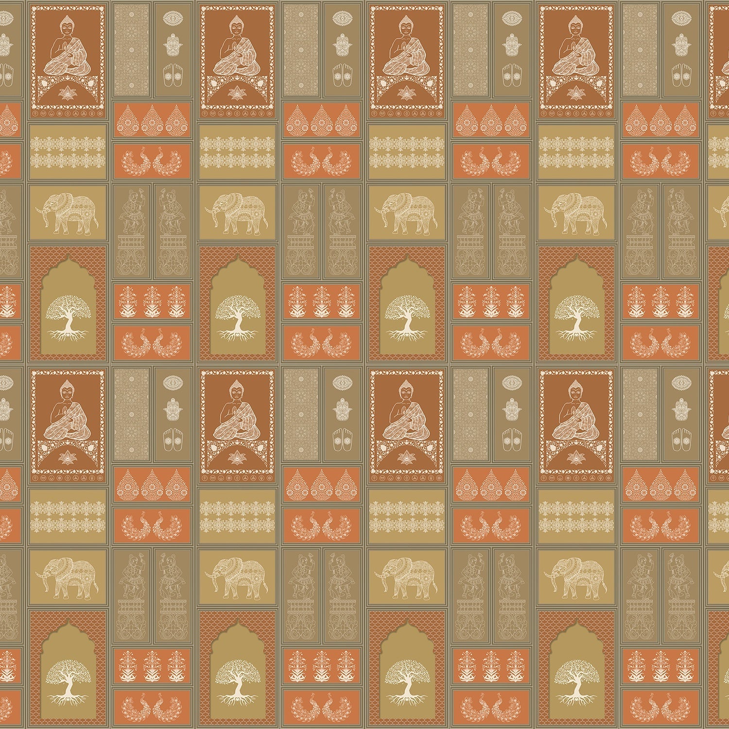 Traditional Asian temple and tree symbols in terracotta and sage green geometric grid - view 2 - final
