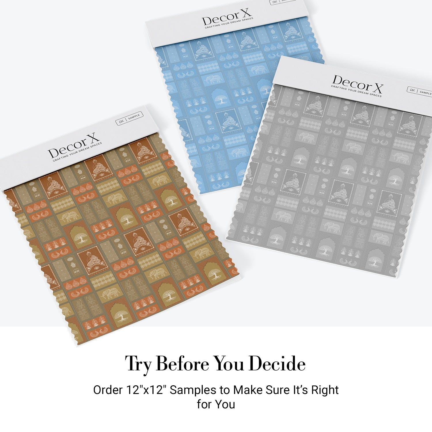 Traditional Asian temple and tree symbols in terracotta and sage green geometric grid - view 22 - final all-groups samples