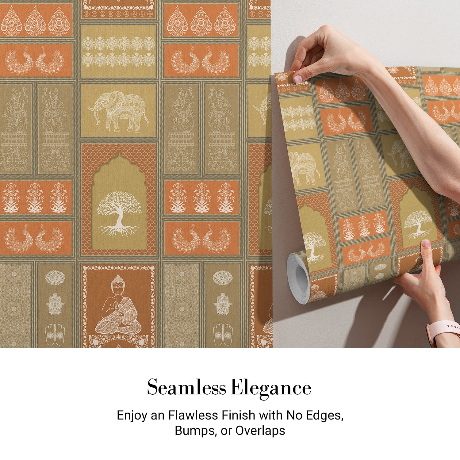 Traditional Asian temple and tree symbols in terracotta and sage green geometric grid - view 3 - final