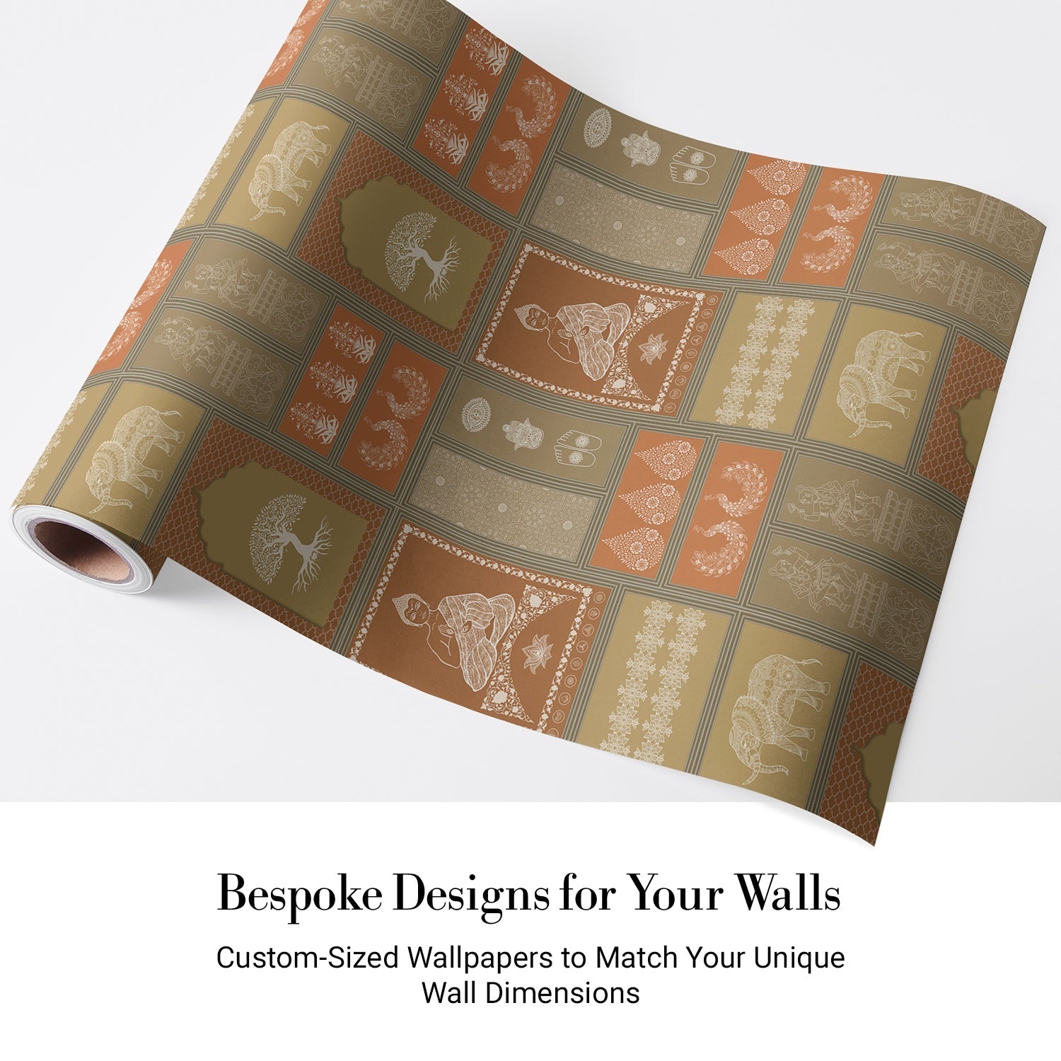 Traditional Asian temple and tree symbols in terracotta and sage green geometric grid - view 4 - final