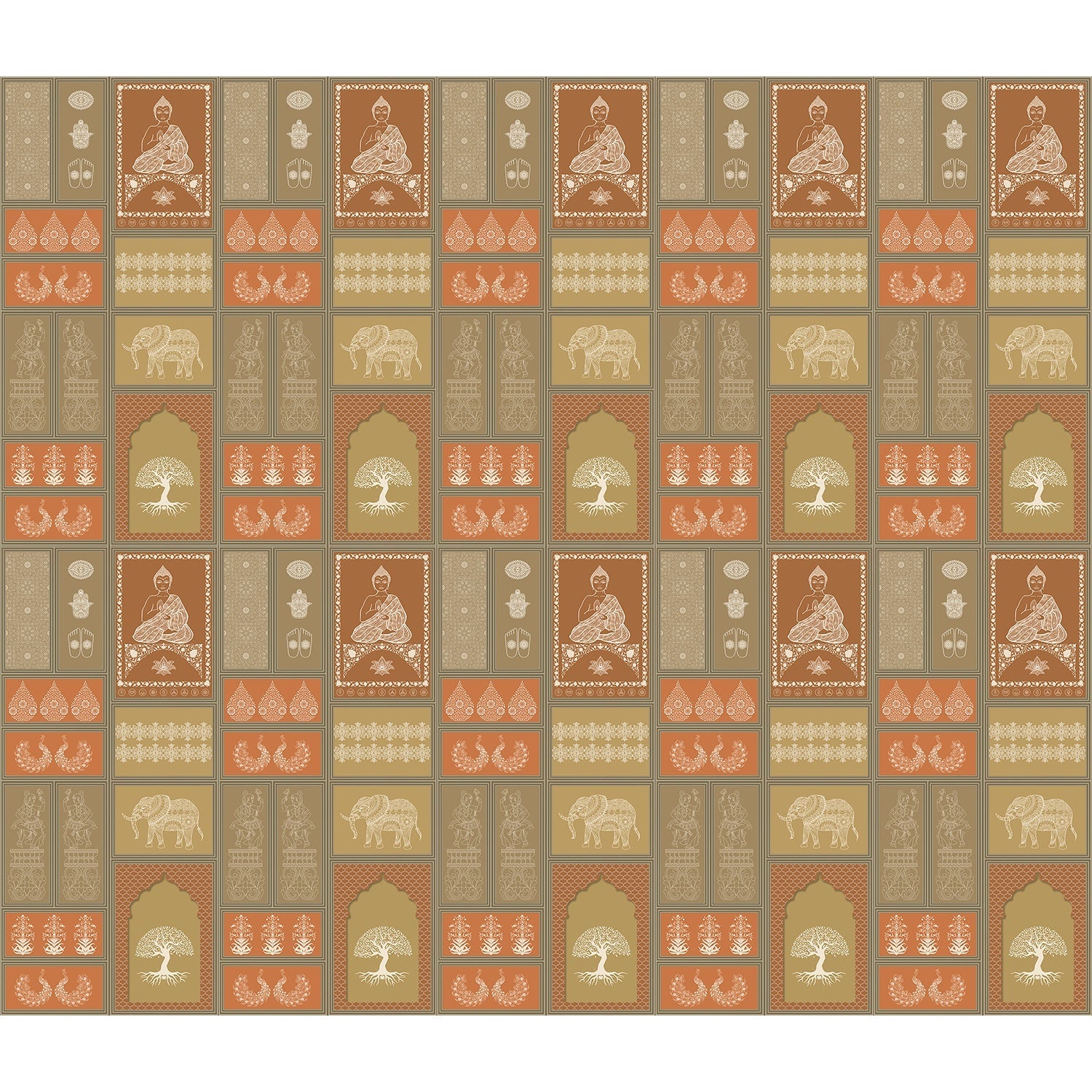 repeat-full-square Traditional Asian temple and tree symbols in terracotta and sage green geometric grid - view 5 - final