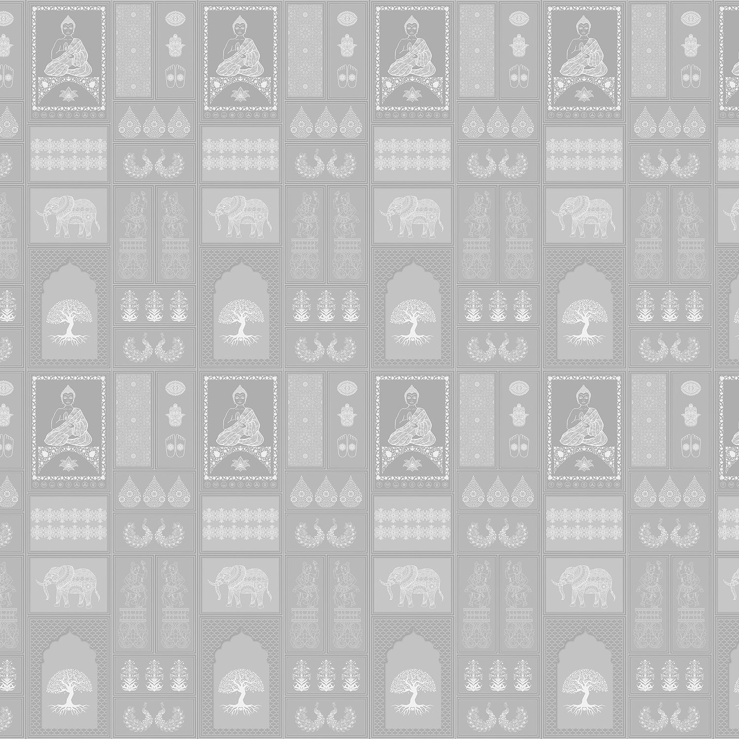 Traditional Asian temple and tree symbols in terracotta and sage green geometric grid - view 7 - final